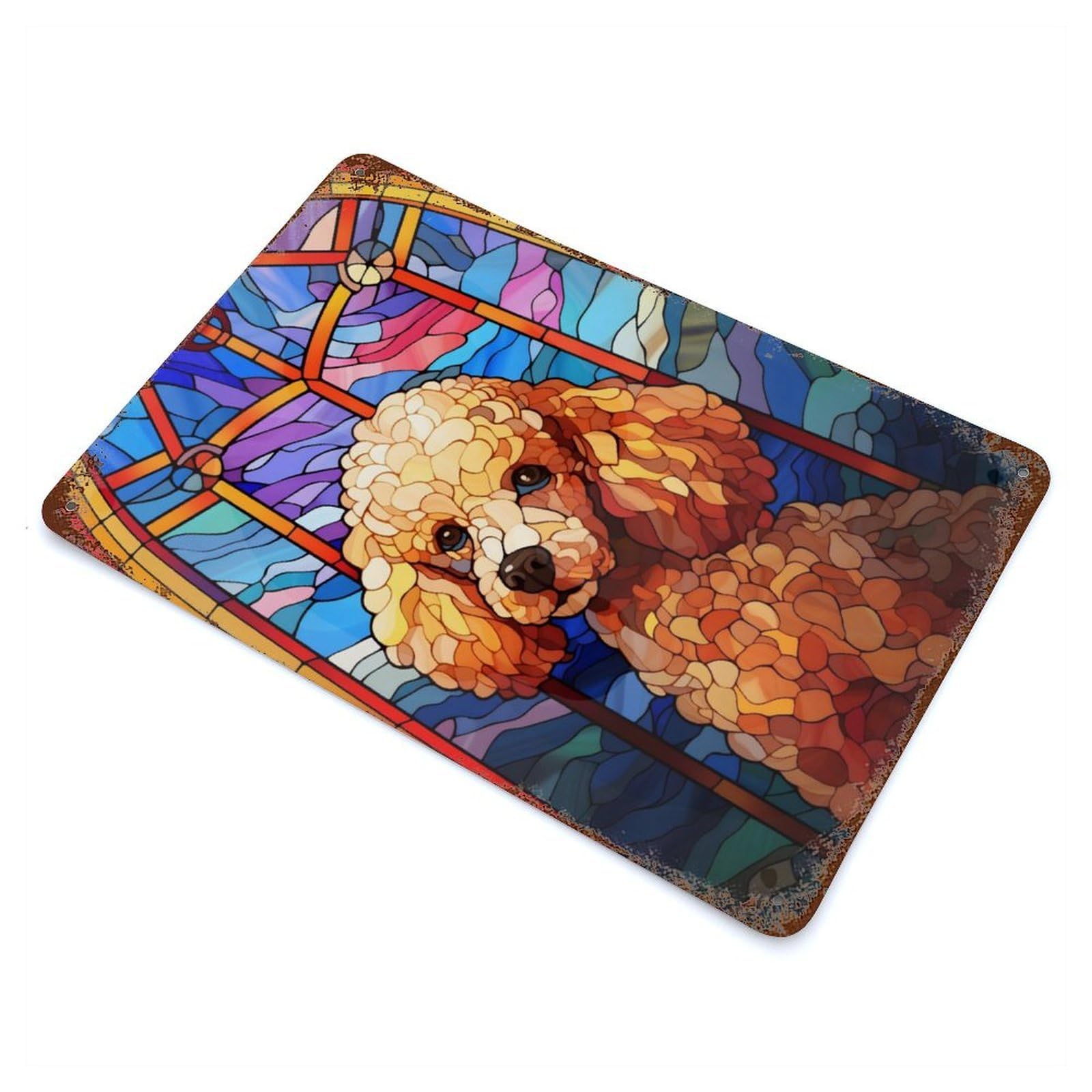 Poodle Dog Stained Glass 11.8"x7.9" Aged Metal Wall Plaque, Retro Wall Decor for Farmhouse, Kitchen And Entryway Decor