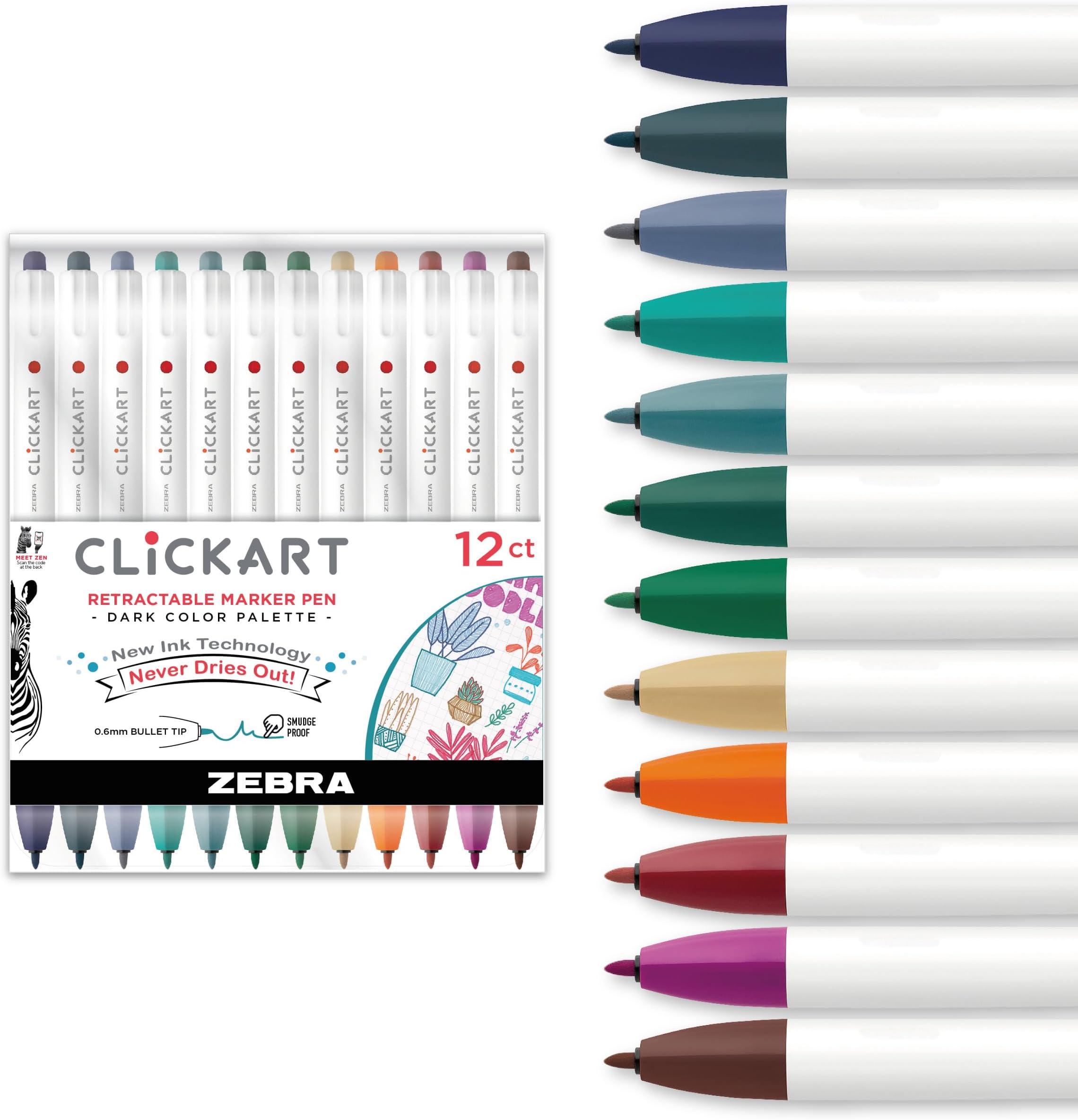 Zebra Clickart Retractable Marker 0.6mm Dark 12pk (69812)