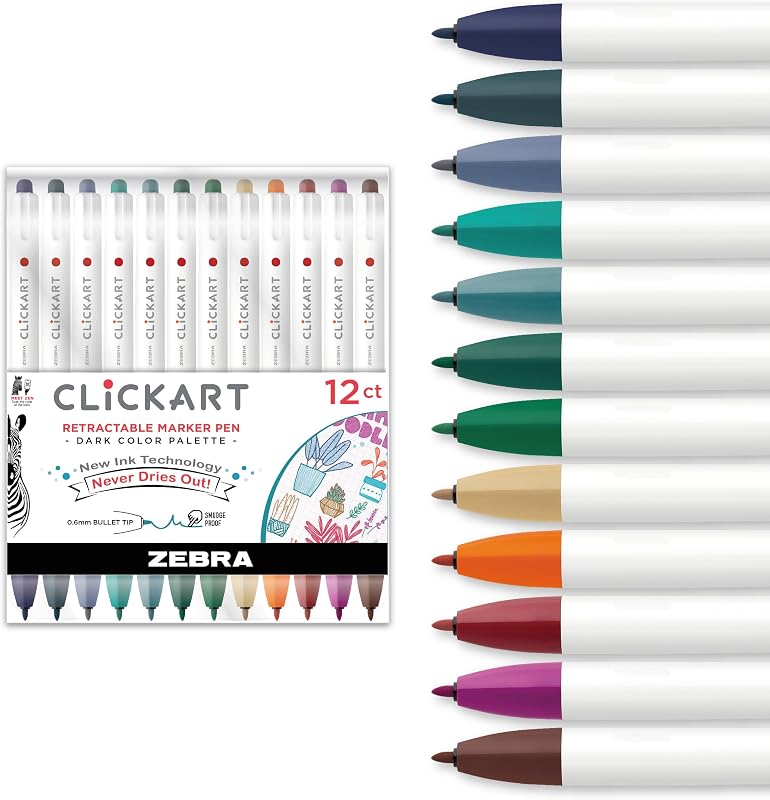 Zebra Pen CLiCKART No Bleed Felt Tip Pen, Assorted Dark Ink, 0.6mm, 12-Pack | Moisture-Absorbing Ink Resists Drying Out, Retractable Design, Fine Point Tip, Ideal for Journaling and Drawing (69812)