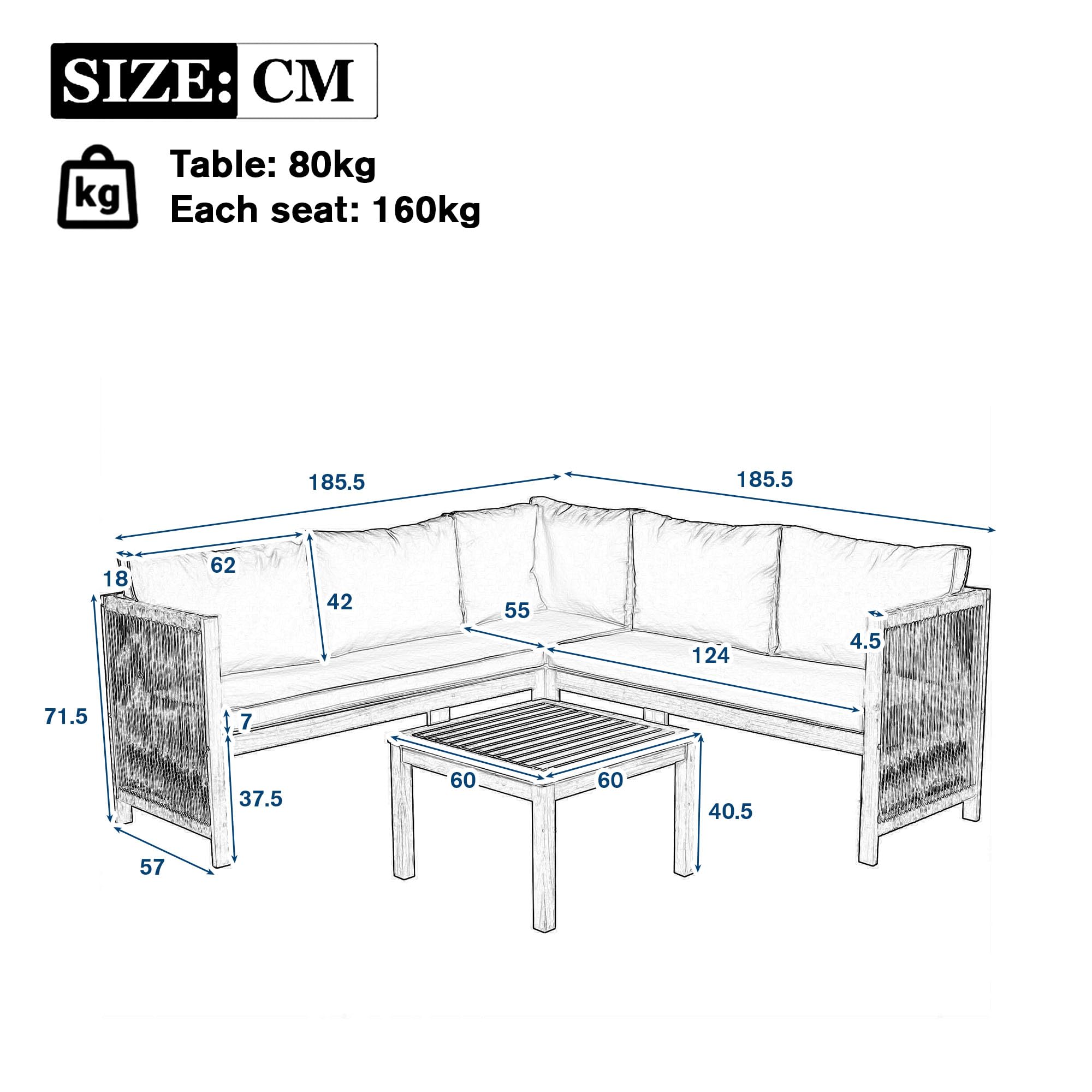 Juego de muebles de jardín para 4-5 personas, exterior jardín terraza con sofá esquinero y mesa de café, 4 piezas, madera de acacia, cuerda trenzada, resistente a la intemperie (gris)