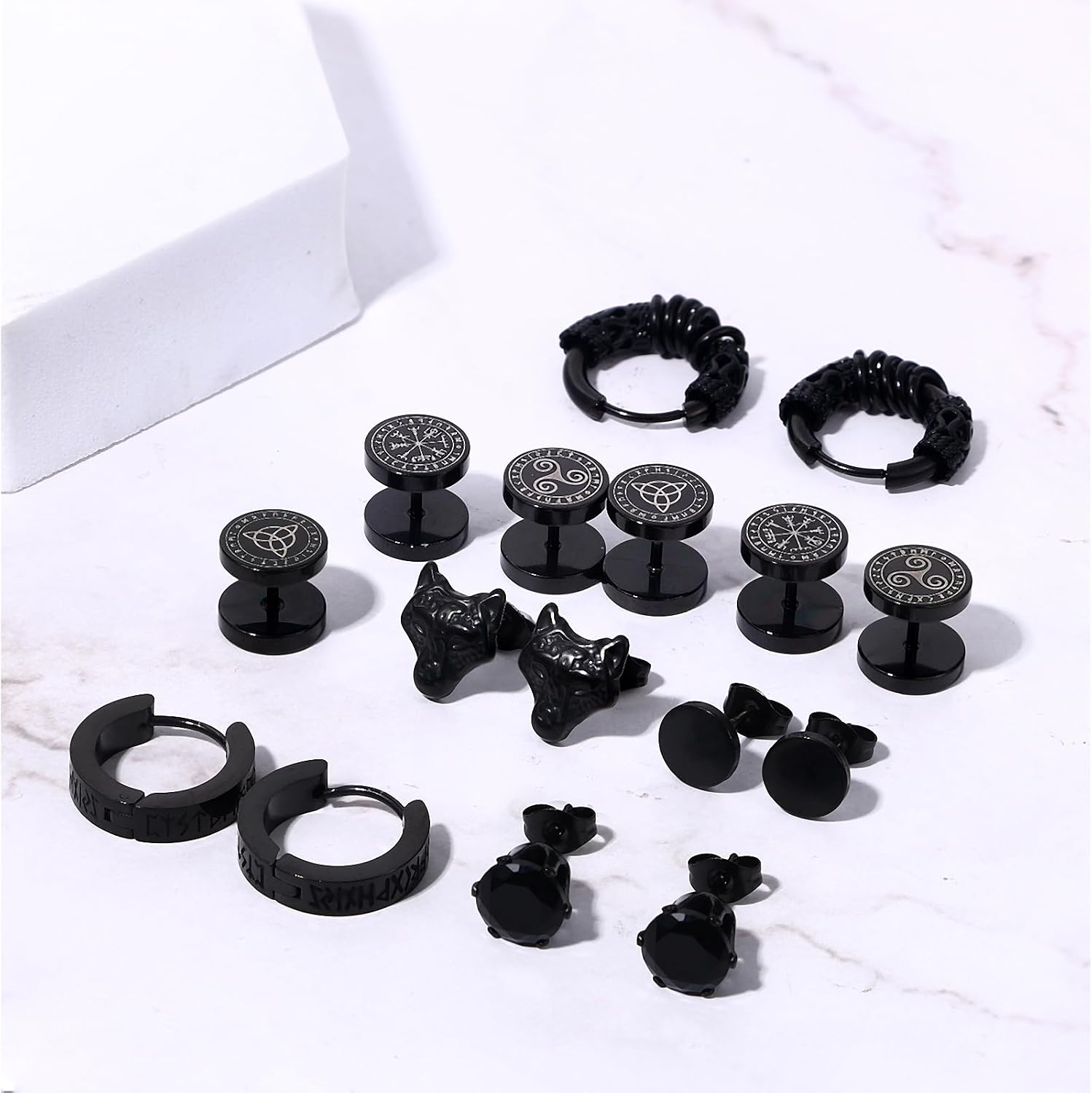 Viking Stud Earrings for Men Women: 8/9 Pairs Stainless Steel Fake Gauge Plug Huggie Hoop Celtic Wolf Earrings Jewelry Gifts