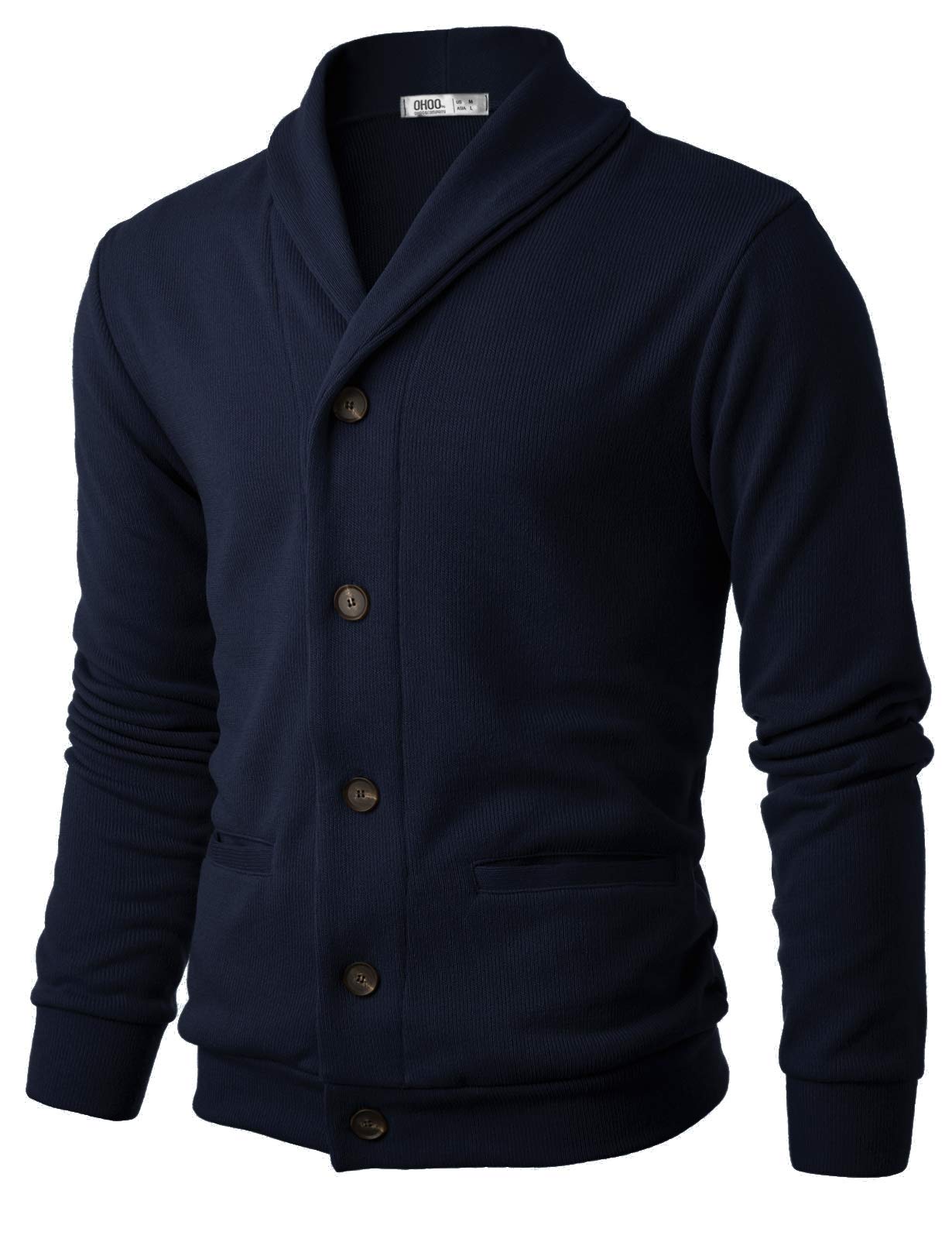 OhooMens Slim Fit Shawl Double Layers Collar High Closure Button Knit Cardigan with Two Pockets