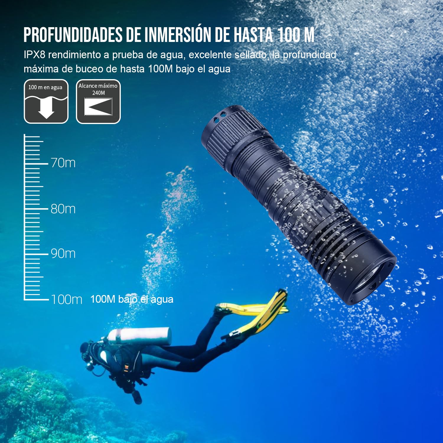 TrustFire DF006 Linterna De Buceo 2300 Lúmenes, IPX8 Impermeable Profesional Recargable Luz de Buceo para Cueva 100m Submarina de Noche, Para Buceo Pesca Camping Senderismo