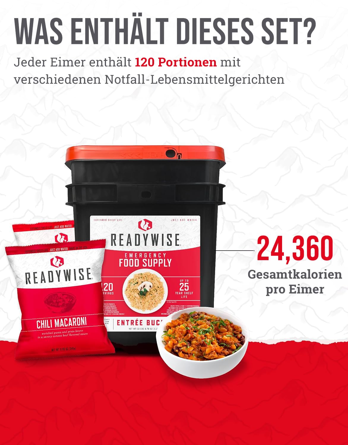 ReadyWise, 120 Portionen, Notration, Mittag- und Abendessen, Grab & Go Eimer, 13 Rezepte, Gefriergetrocknet, Langlebige Lebensmittelversorgung,Bis Zu 25 Jahre Haltbarkeit, 7 Tage für 2 Personen