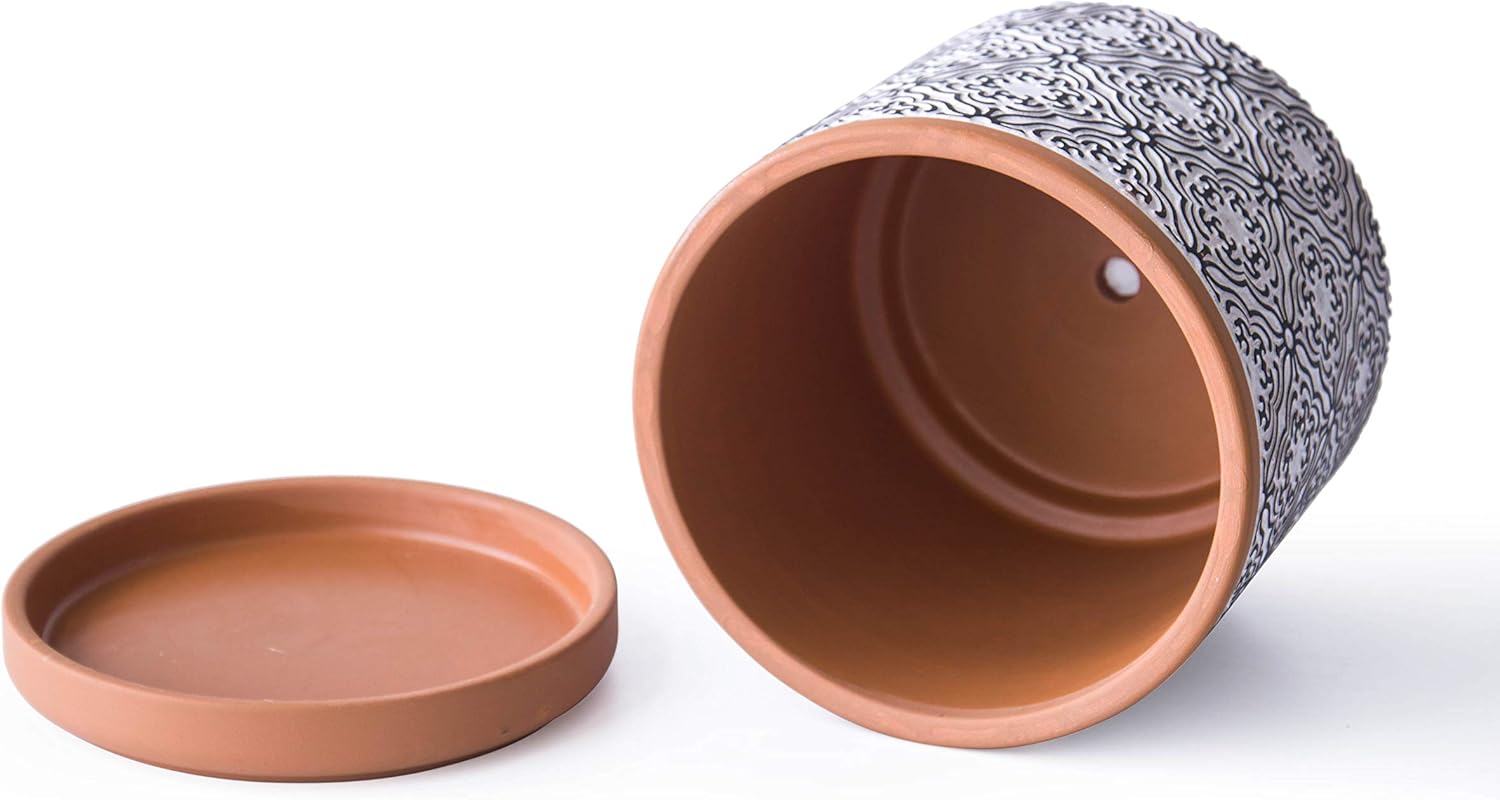 D'vine Dev Set of 2 Terracotta Pots, Vintage Design Planter Pot, 4 Inch and 6 Inch, Pot with Drainage Hole and Saucer, Terracotta/Black, 31-958-E-2
