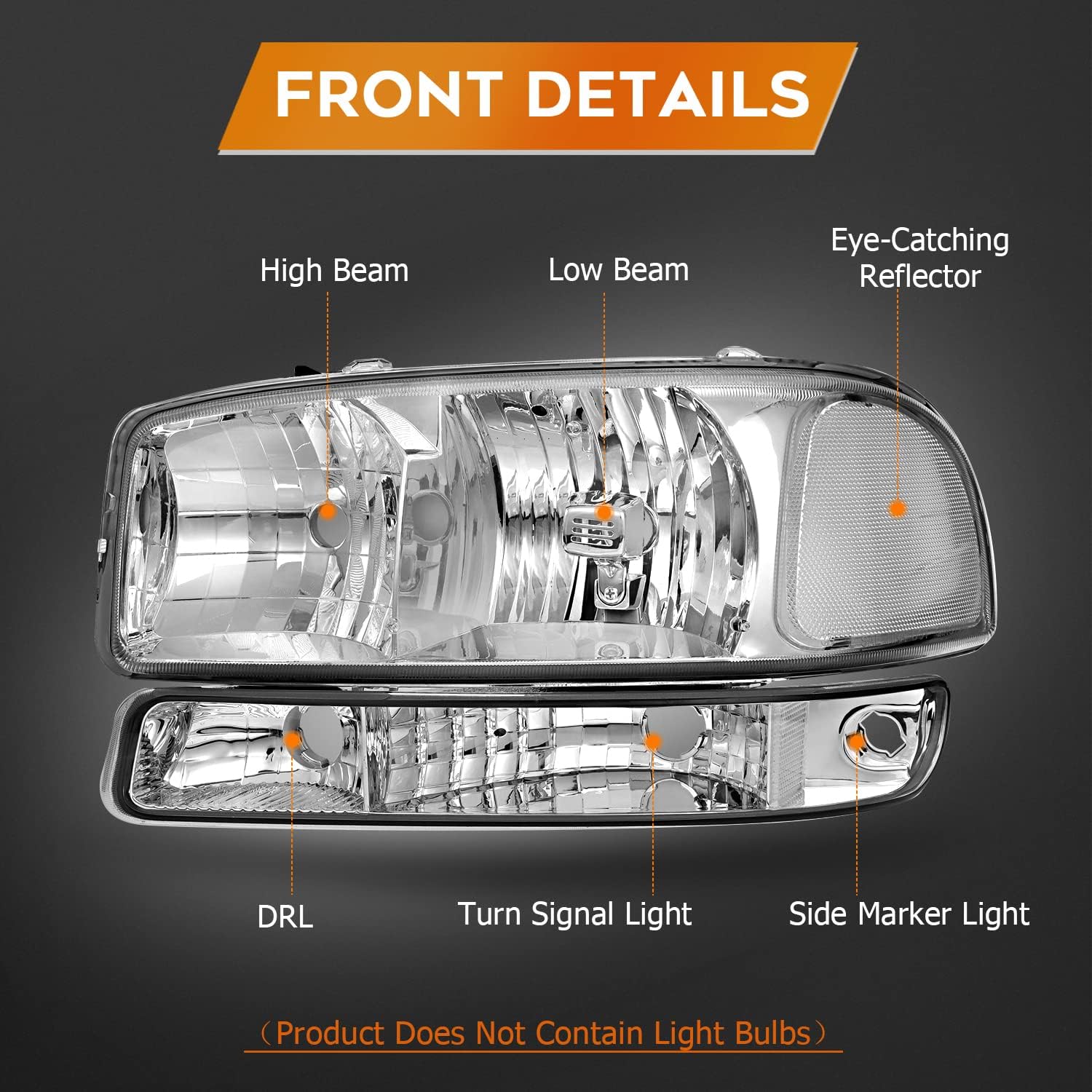 Headlight assembly Fit For GMC Sierra 1500 1999-2006,For GMC Sierra 1500 Classic 2007 Sierra 3500 2001-2006 Chrome Housing Clear Reflector Clear Lens Driver and Passenger Side 15850352 15850351