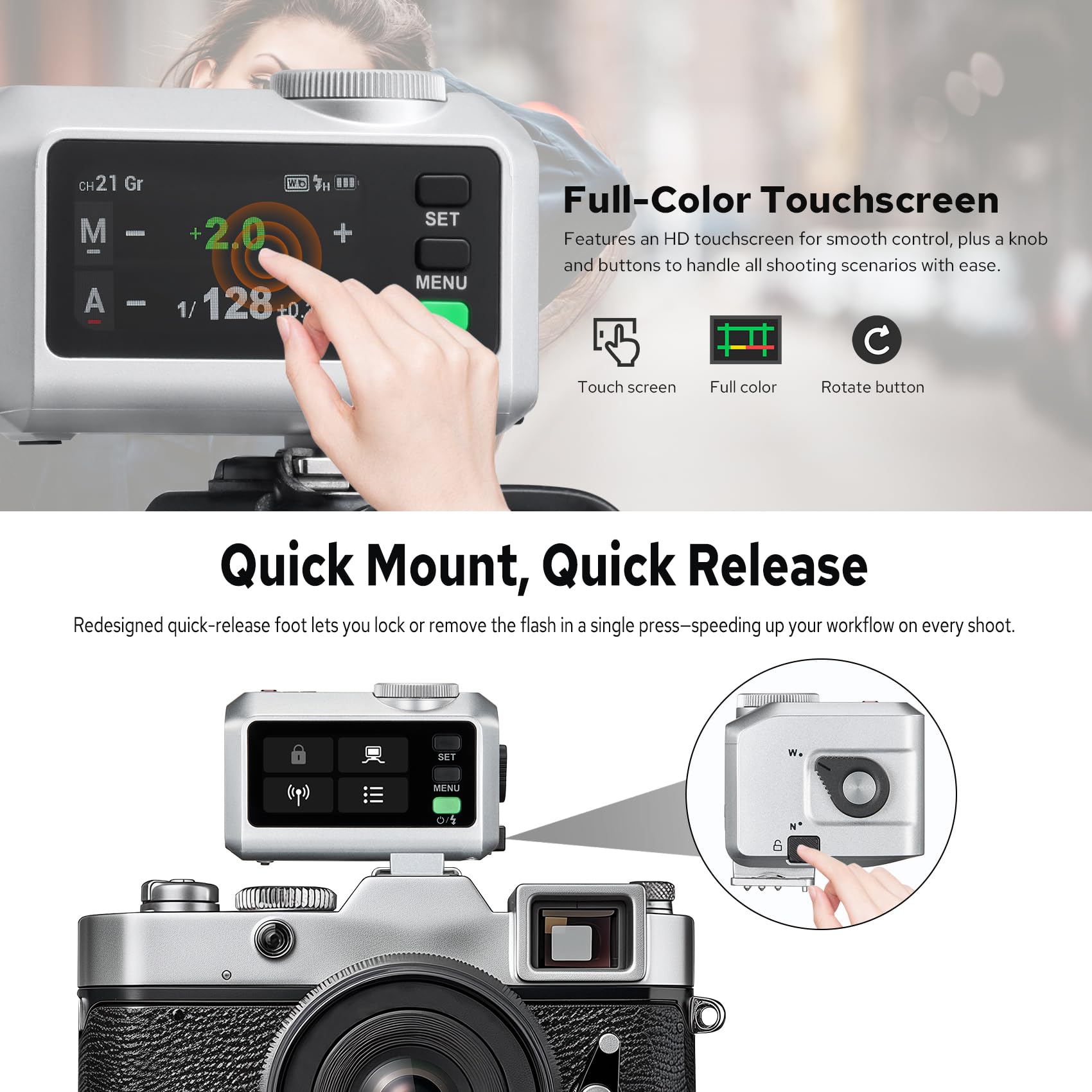 GODOX iT30Pro C TTL Camera Flash Speedlite per Canon, iT30ProC GN15 2.4 GHz HSS 1/8000s, Tempo di Riciclo 1.5s, iFlash Pocket Speedlight con Batteria Li-ion 7.4V 900mAh, Diffusore Integrato（Argento）