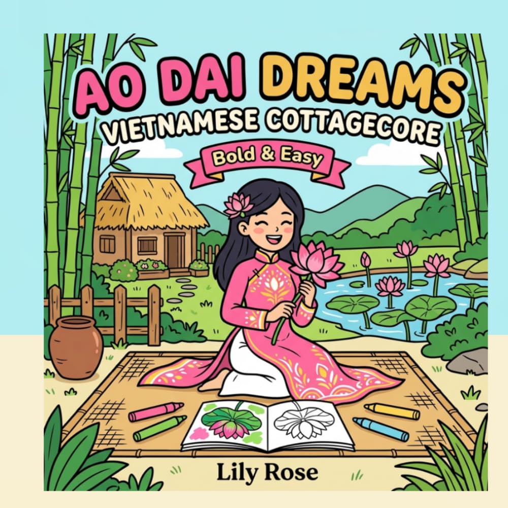 Ao Dai Dreams: Coloring Book for Adults, Bold and Easy Vietnamese Cottagecore Scenes: 22 Simple Bold Designs Featuring Lotus Ponds, Village Life, Ao ... Scenes for Relaxation and Stress Relief