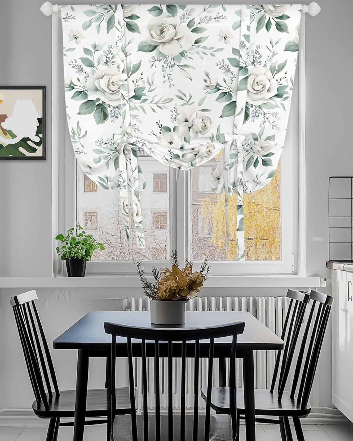 Tie Up Curtains for Windows Boho Watercolor Camellia Floral Rod Pocket Tie-Up Window Shade Adjustable Balloon Curtain Valance Country Floral Botanical for Bedroom Kitchen Bathroom Blinds,52x63in