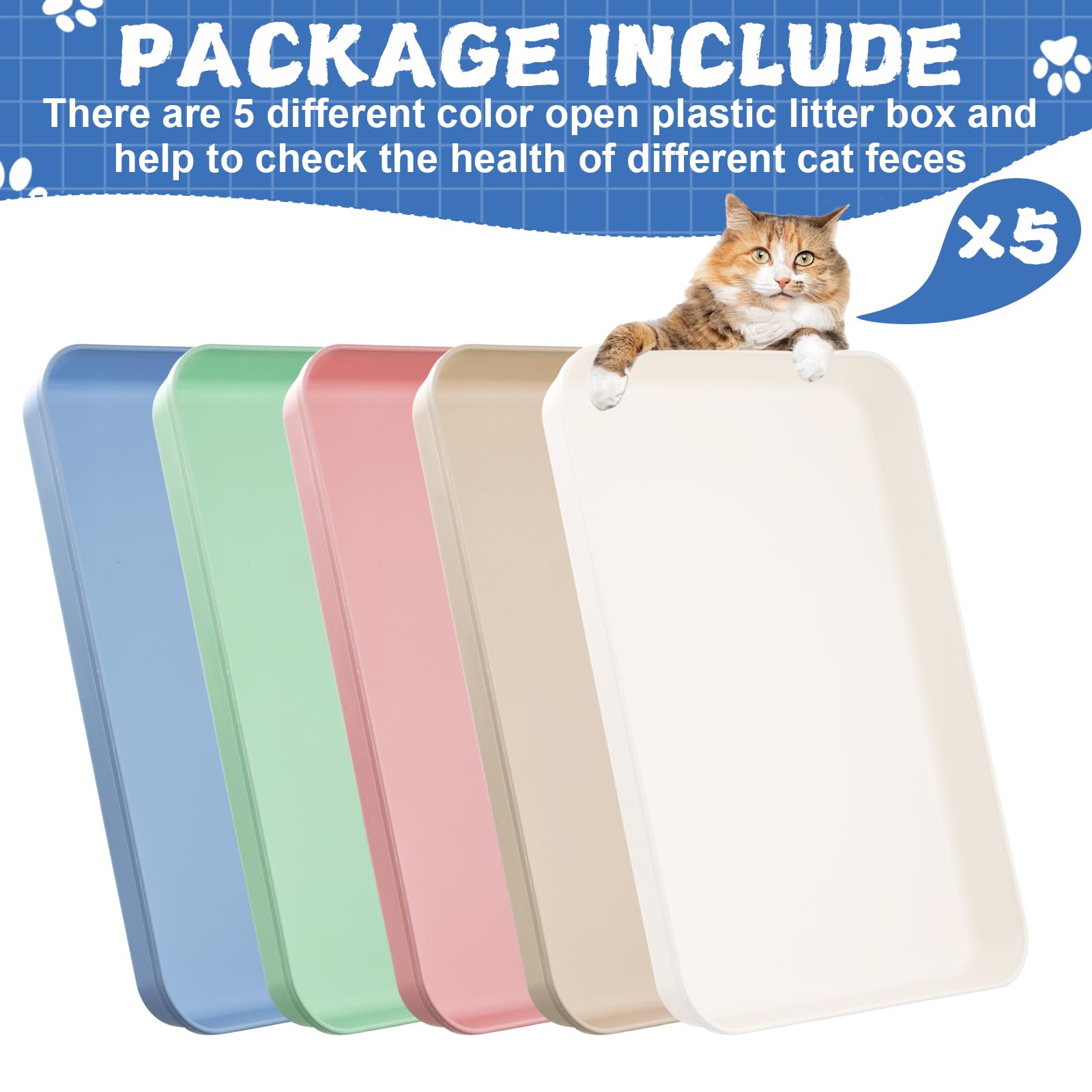 Katzentoilette, mittelgroß, offen, 38,1 x 26,1 x 4,1 cm, Kunststoff, Kätzchentoilette, niedriger Einstieg, Reise-Toilette für Katzen, Welpen, Kaninchen, Meerschweinchen, mehrfarbig, 5 Stück