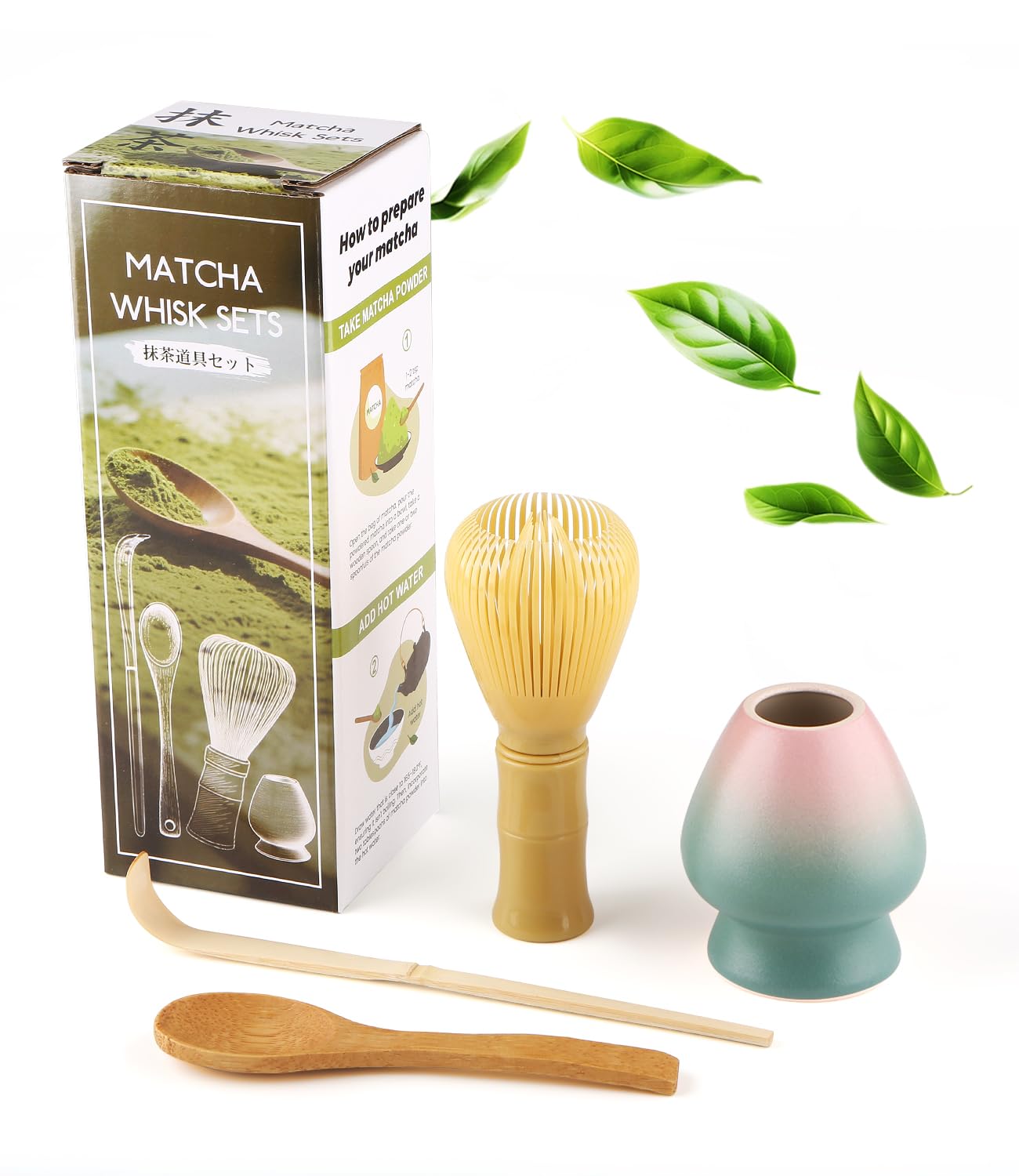 Lafefe Matcha Set (4-Piece) Which Resin Manufacturing Matcha Whisk, Matcha Bowl, Chasen, Matcha Spoon,Ideal Starter Matcha Kit for Easy Matcha Making (Pink Blue)