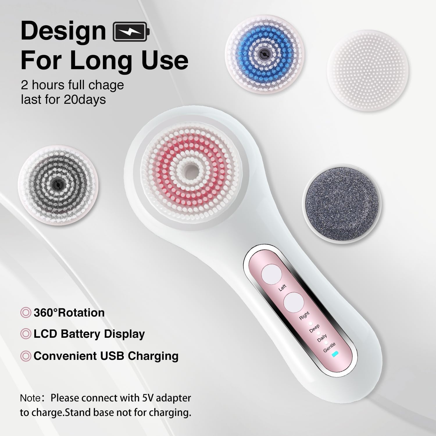 Electric Facial Cleansing Brush, 2-Way Rotating Face Scrubber for Daily & Deep Cleaning, 3 Modes, 5 Brush Heads, Rechargeable, IPX7 Waterproof for All Skin Types - Image 6