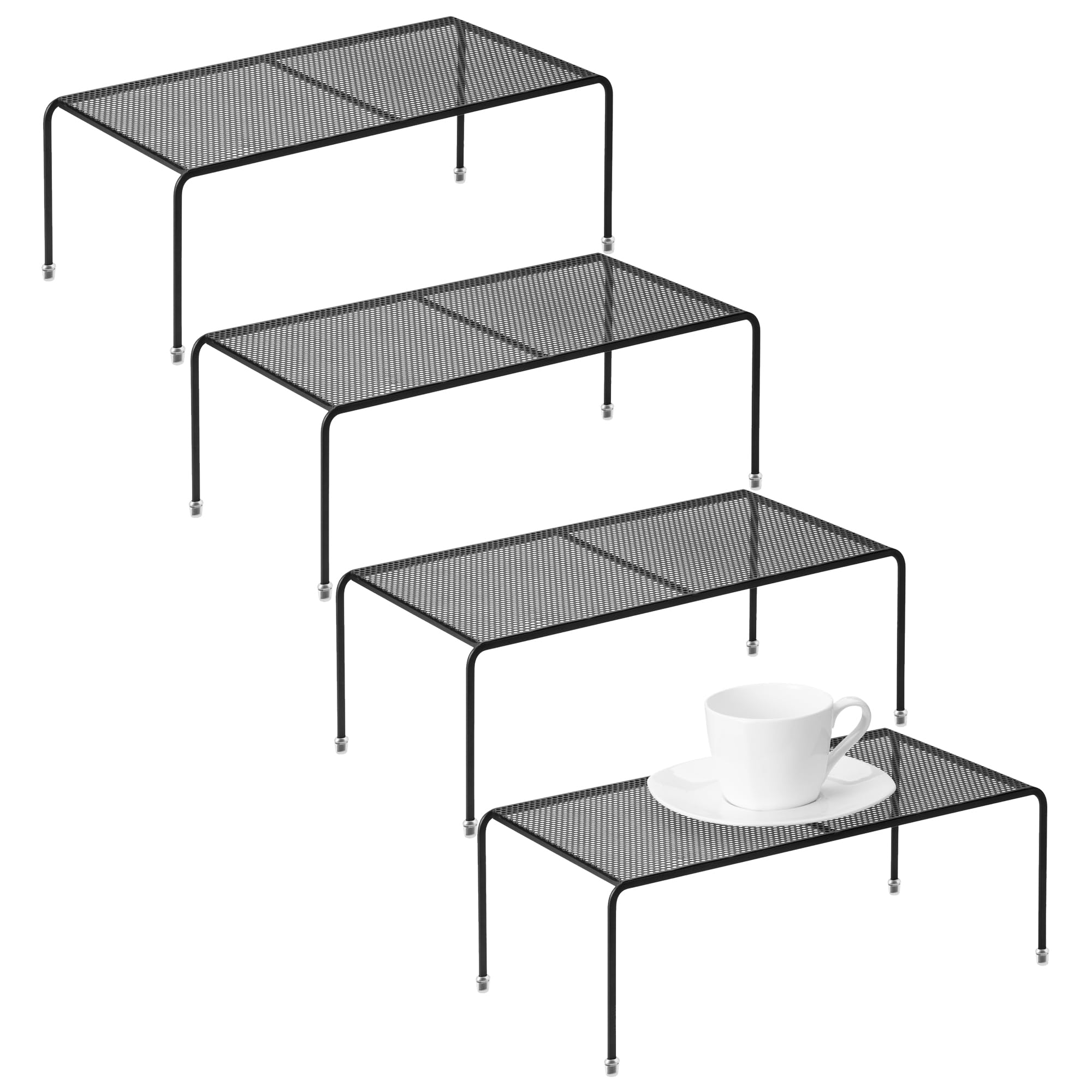 Set of 4 Kitchen Cupboard Organizer Shelves, Metal Orifice Board Counter Storage Racks with Non-Slip Rubber Feet, Heavy Duty for Pantry, Fridge, Cabinet, Black