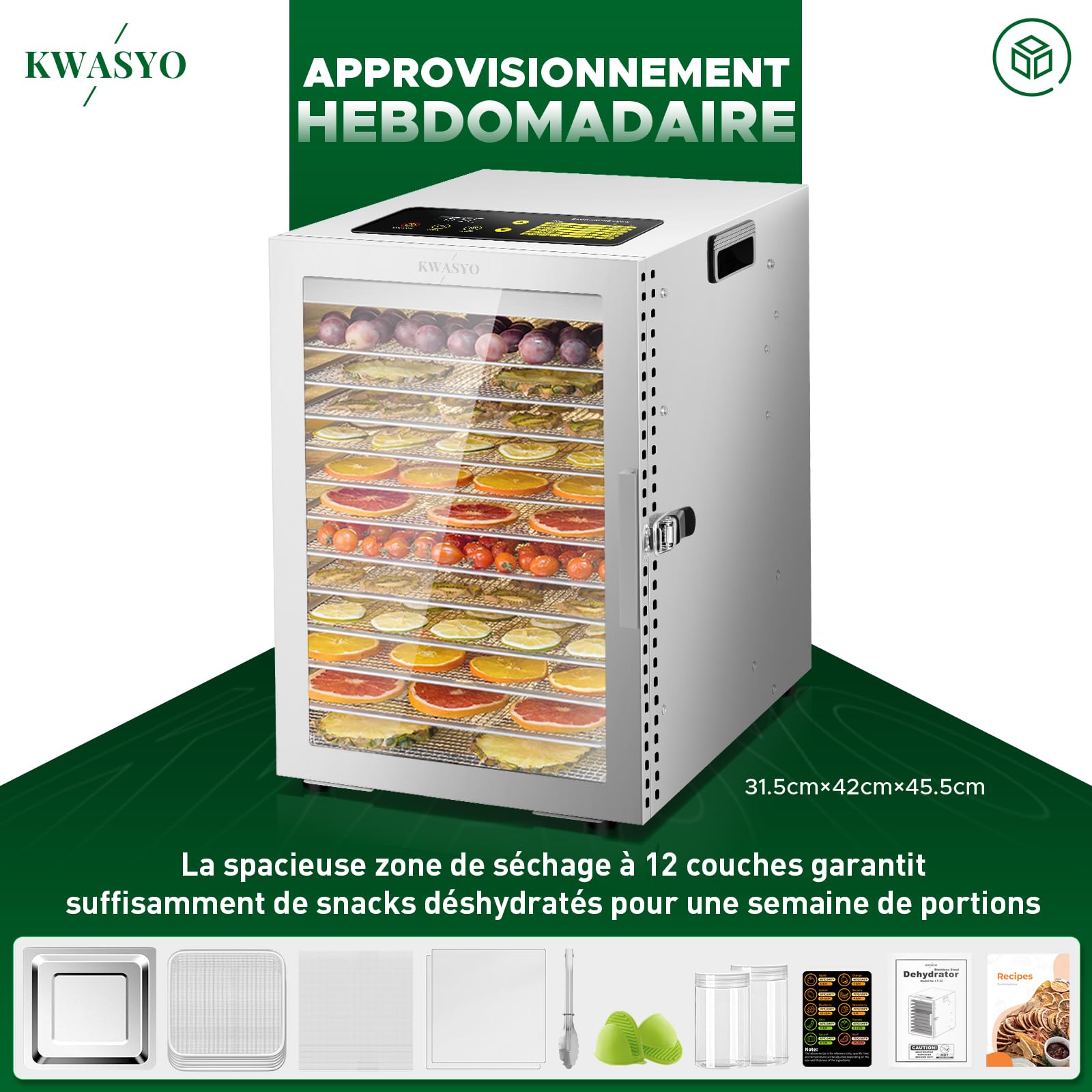 Kwasyo Deshydrateur Alimentaire avec 12 Plateaux Inox, Séchage efficace à 360 ° double ventilateur, Desydratateur Minuterie 24H et contrôle de température de 30 à 90 ℃, Protection contre la surchauffe