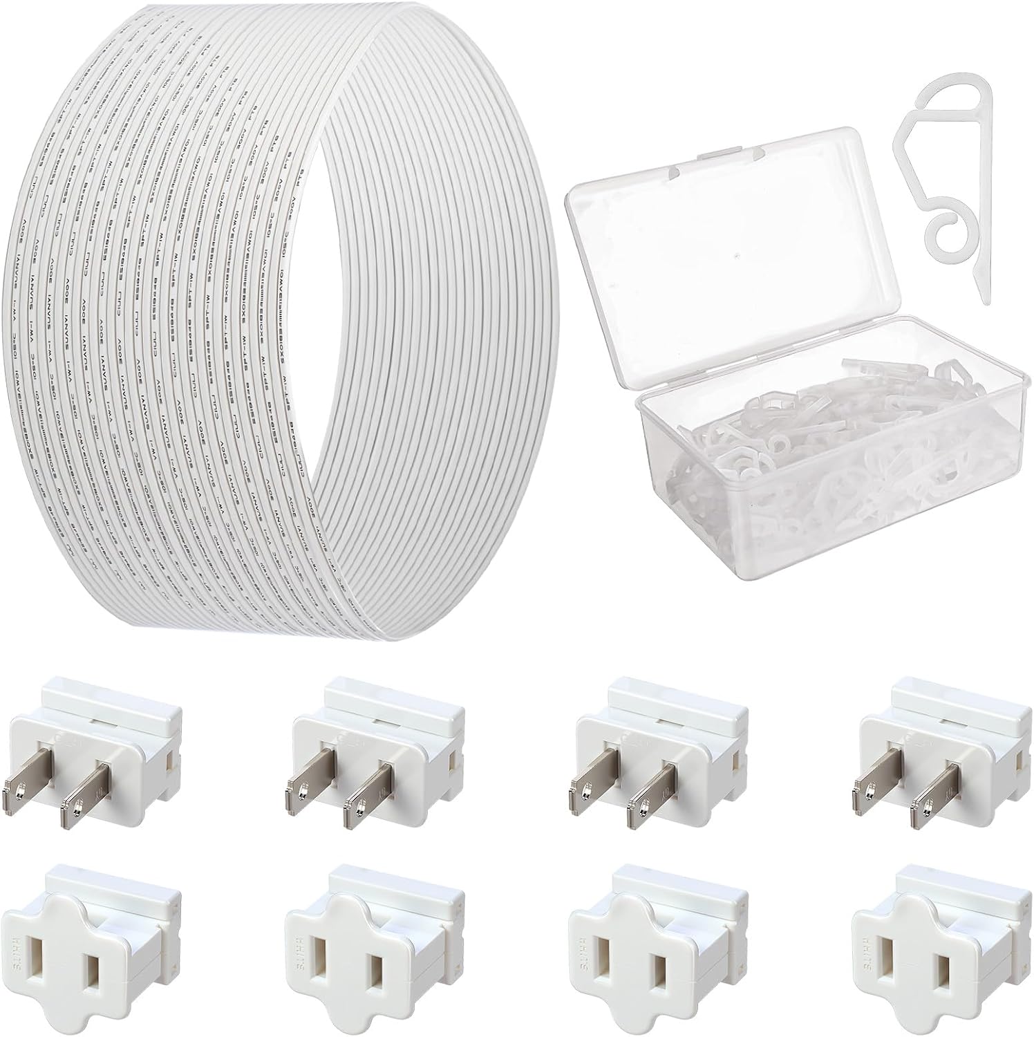 141 Pcs 500FT SPT-1 Electrical Wire with Female and Male Plugs and Light Clips Weatherproof 18AWG 2-Conductor Wire for Indoor Outdoor Light String Lamp Cord Holiday Party Supplies White