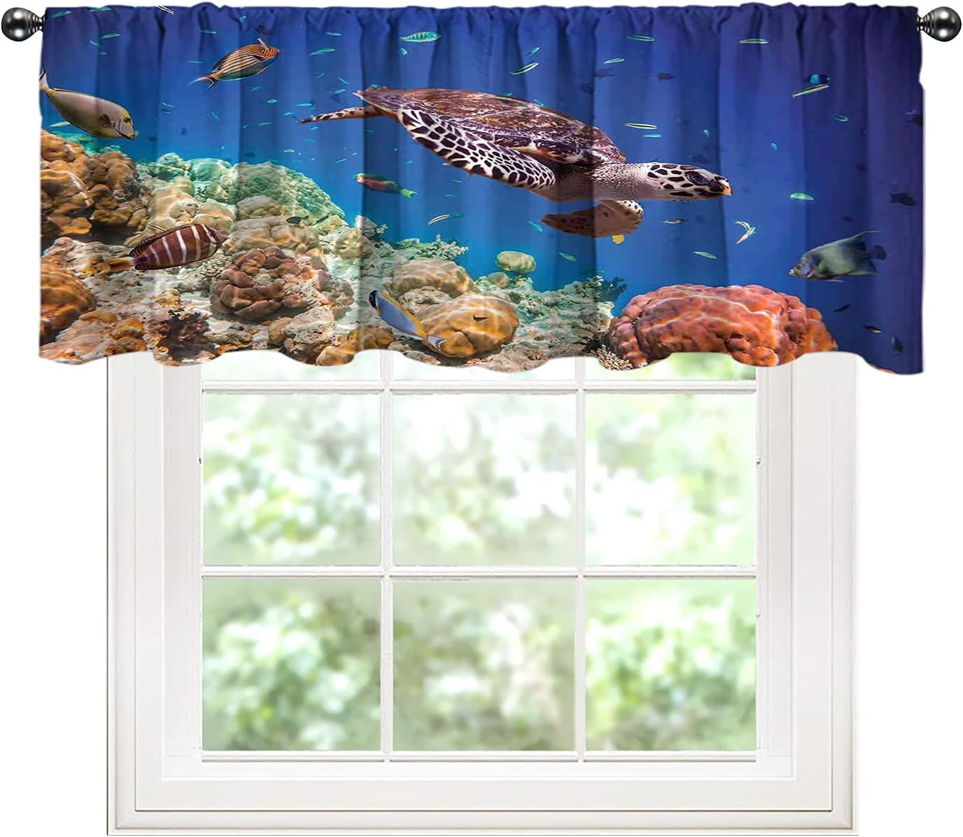 Cameon Sea Turtles Valances - 36In W x 18In L, Lonely Old Tropical Turtle Swimming, Window Treatment Decor Rod Pocket for Kitchen, Navy Blue Tan and Brown, Brown Red01, (W36In x L18In, K91 x H46cm)
