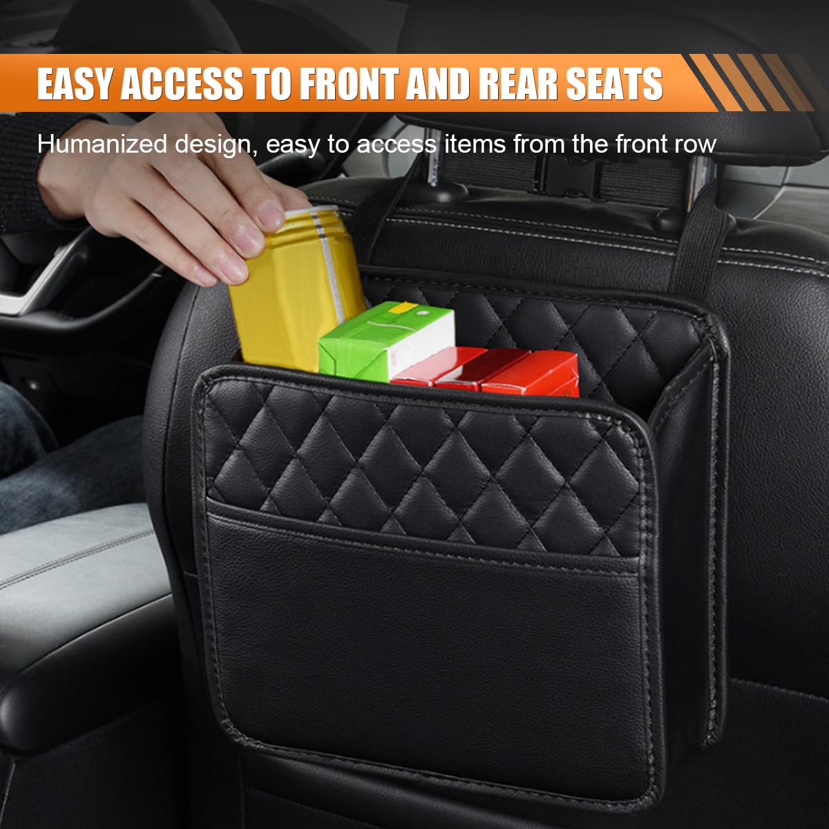 LAINLOY Organizador plegable para asiento trasero de coche, bolsa de almacenamiento para asiento trasero de coche de gran capacidad con portavasos, bolsa de basura impermeable de piel sintética,
