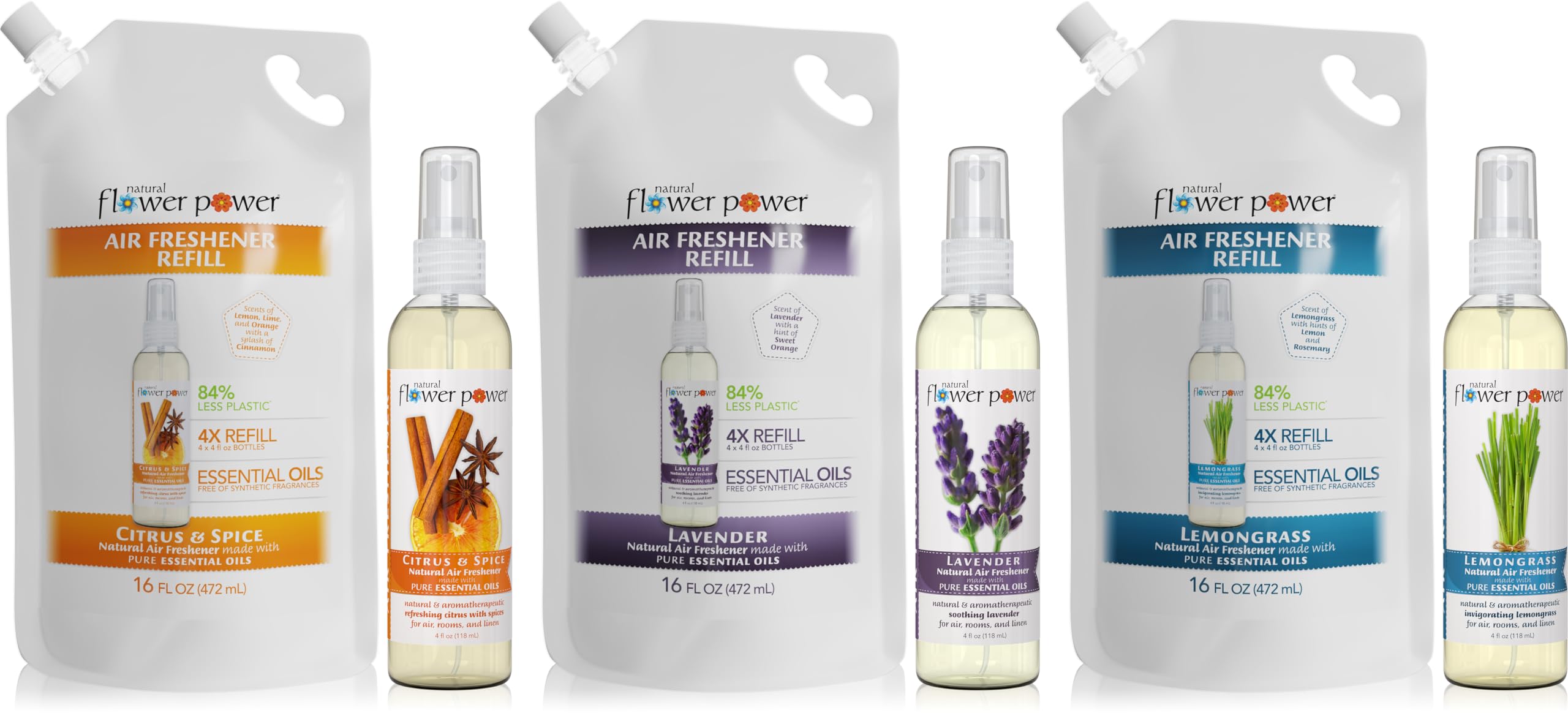 Natural Flower Power 3 ambientadores en aerosol (4 onzas líquidas) + 3 recambios (16 onzas líquidas) – Recambios 4X – Eliminador de olores a base de plantas – Habitación, ropa de cama, coche – libre