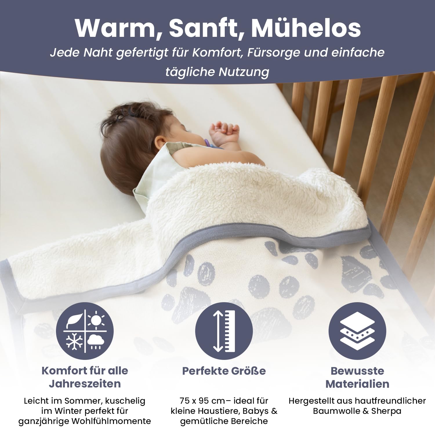 Babydecke & Haustierdecke Winter Decke – 100% GOTS-zertifizierte Bio-Baumwolle, Strickdesign, 75x95 cm, Weich & Atmungsaktiv, Ideal für Neugeborene & Kleinkinder,Maschinenwaschbar -Natur/Schieferblau