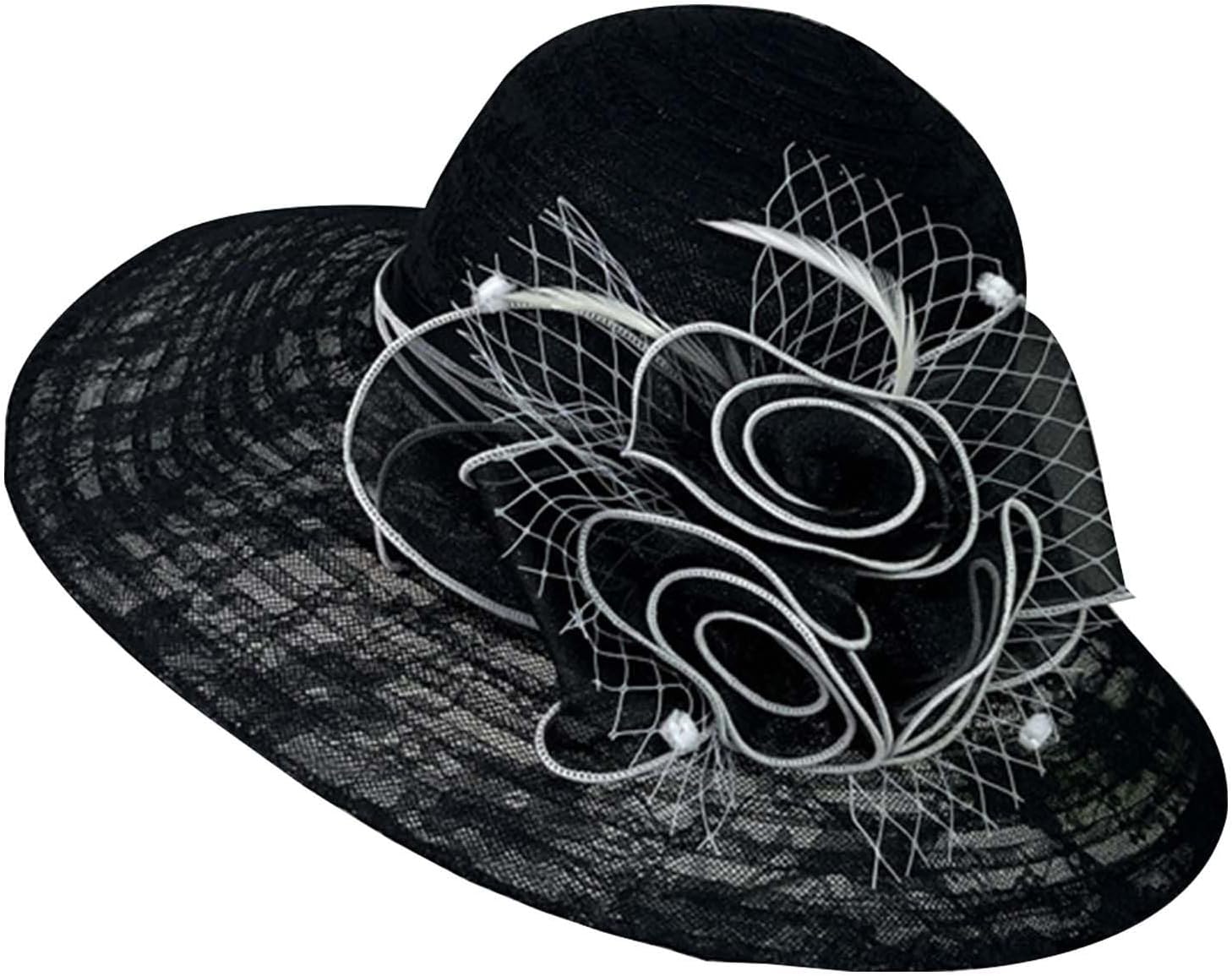 Cappello Derby in Organza da Donna, a Tesa Larga, per Matrimoni, Chiesa, Kentucky, Tea Party, Estate, Sole, Fascinator, Navy con Decorazione Fiore, M