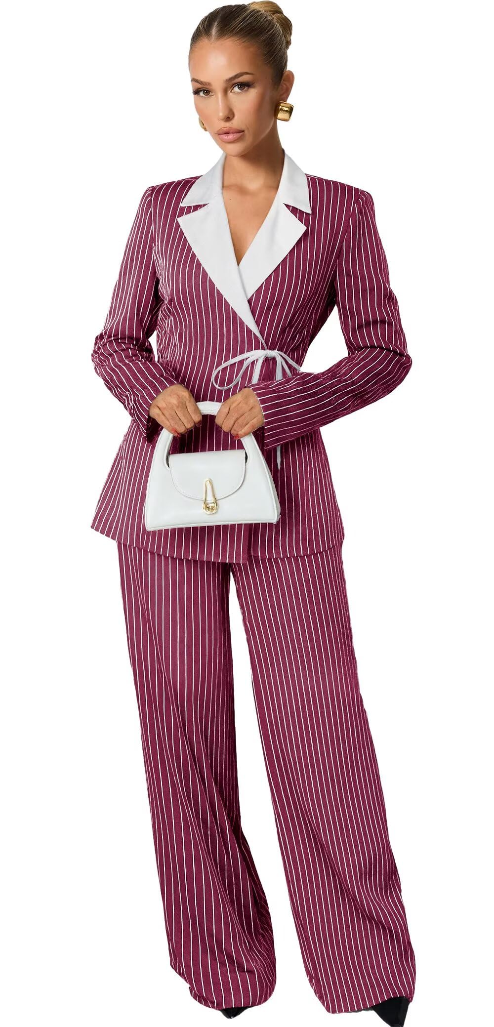 Pinstripe Suits for Women 2 Piece Notch Lapel Jacket Blazer and Wide Leg Pants Tie Waist Business Casual