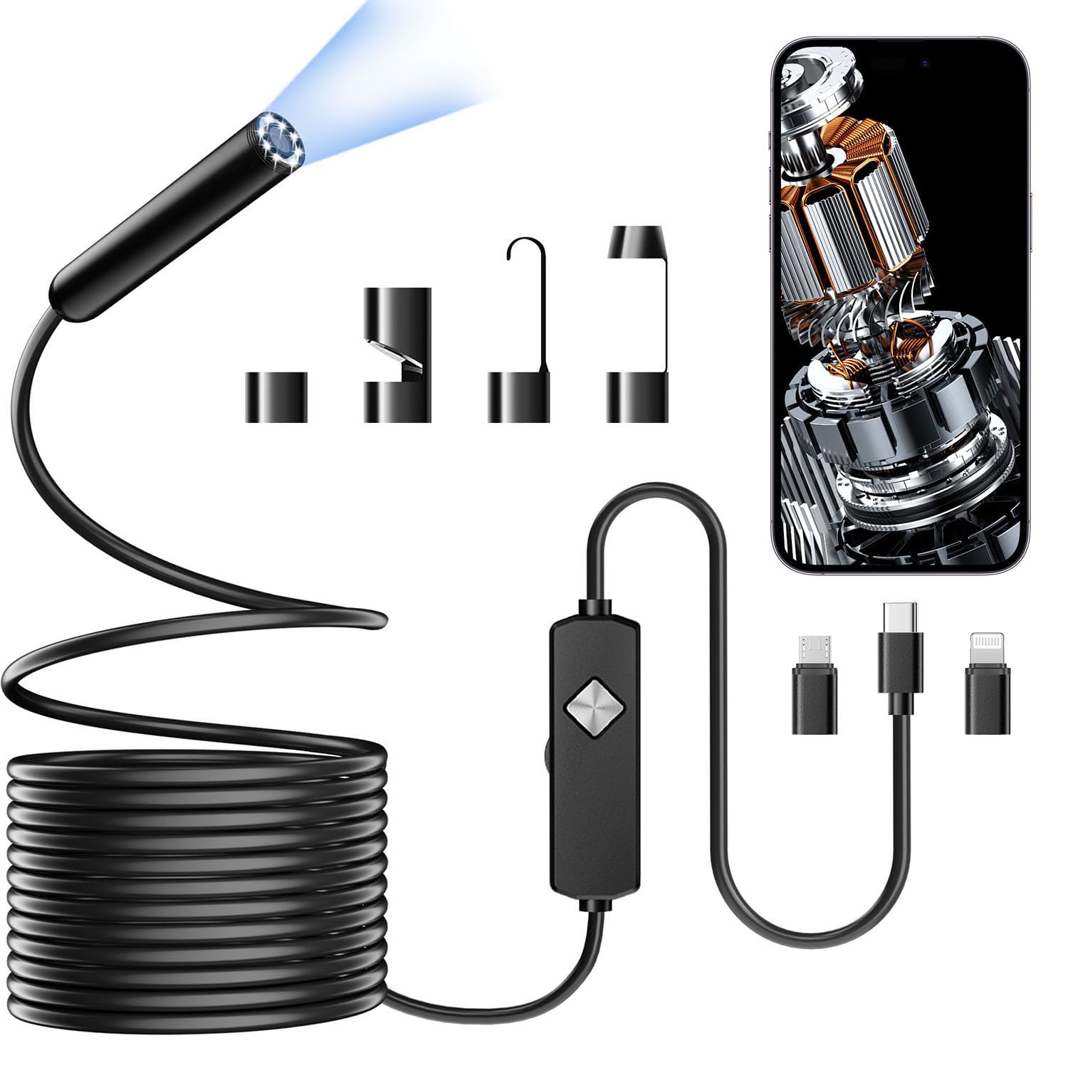 Endoscope with Light, 1920P HD Borescope with 8 Adjustable LED Lights, Semi-Rigid Snake Camera, IP67 Waterproof Inspection Tool (16.4ft, Black + Single Lens Wiring Harness)