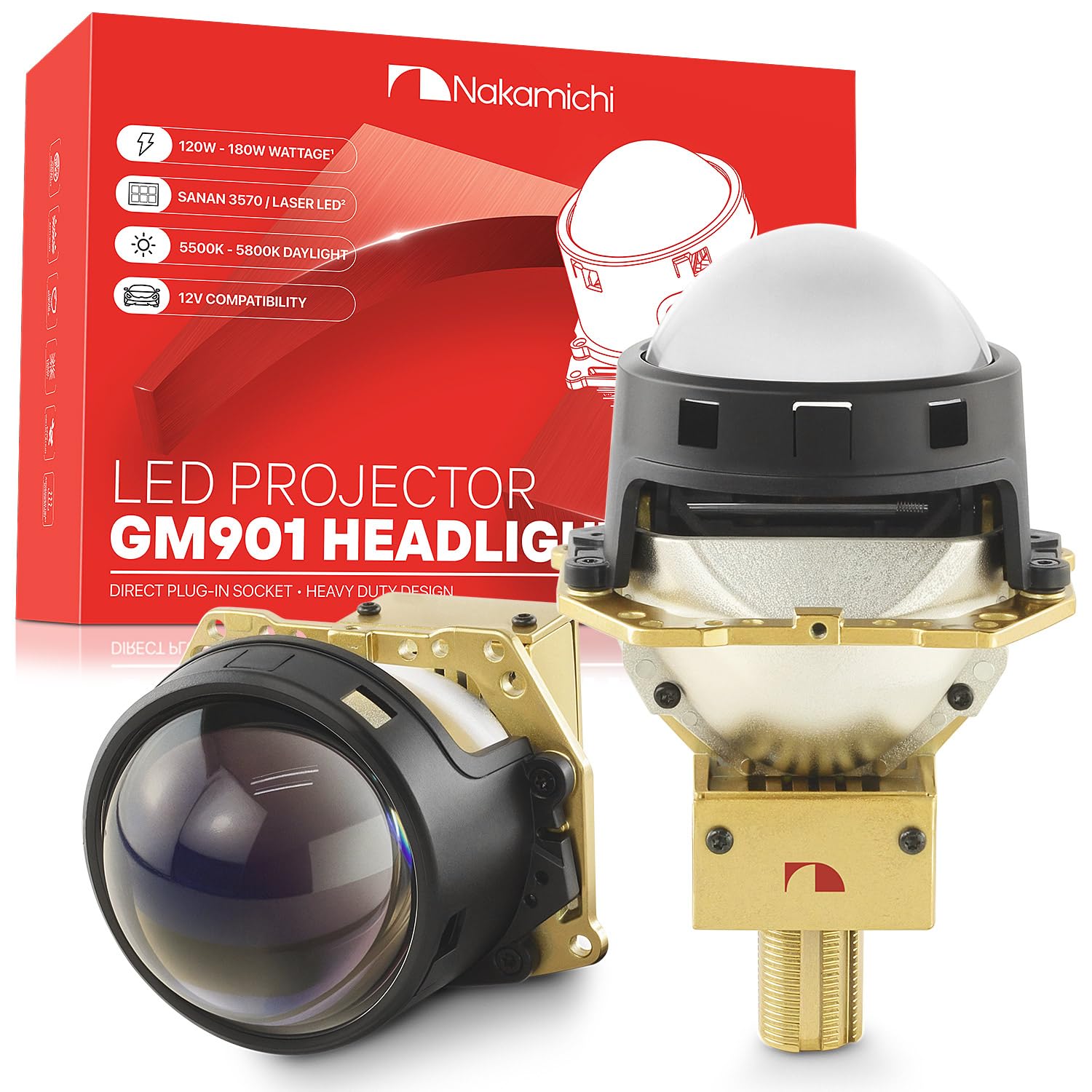 Nakamichi GM901 Series H4 H7 9005 9006 Bi-LED Proyector Faro Lente, 3,0 pulgadas, 20.000 lúmenes, 112W por juego, retroadaptación de haz alto y bajo, paquete de 2 5800K