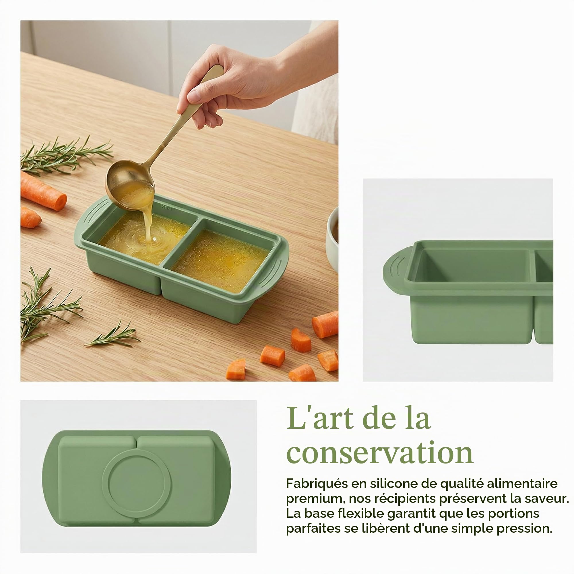 Plateaux de Congélation en Silicone Extra Larges avec Couvercle Lot de 4 | 2 Tasses par Compartiment Pour Congeler Soupes Bouillons et Sauces Facilement