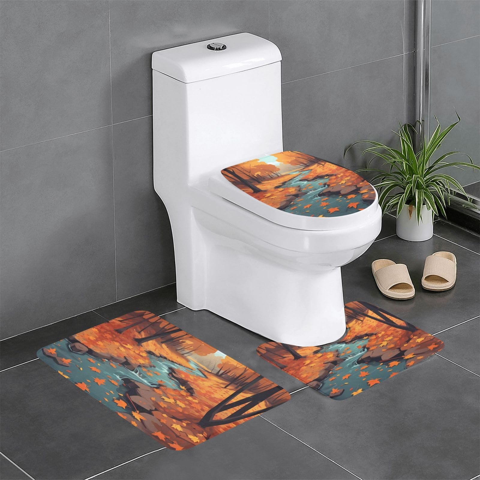 Tapis de salle de bain antidérapants lot de 3 pour toilettes et lavabo avec motif feuilles