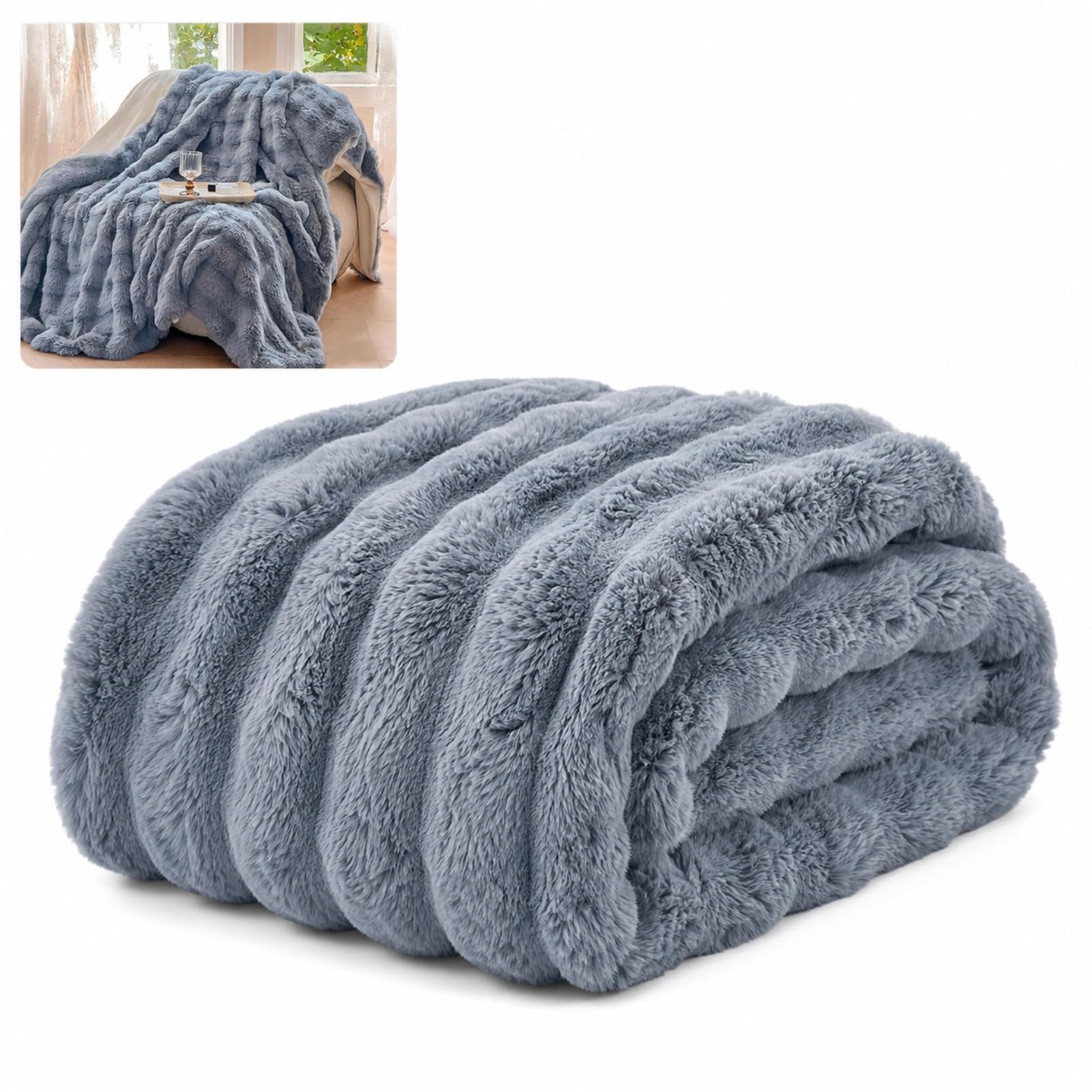 GnathicHOME Bunny Throw Blanket for Couch Soft & Warm Fluffy Blanket, Cozy Fuzzy Faux Fur Throw Blankets for Couch Chair Bed Sofas (120 * 200cm,blue)