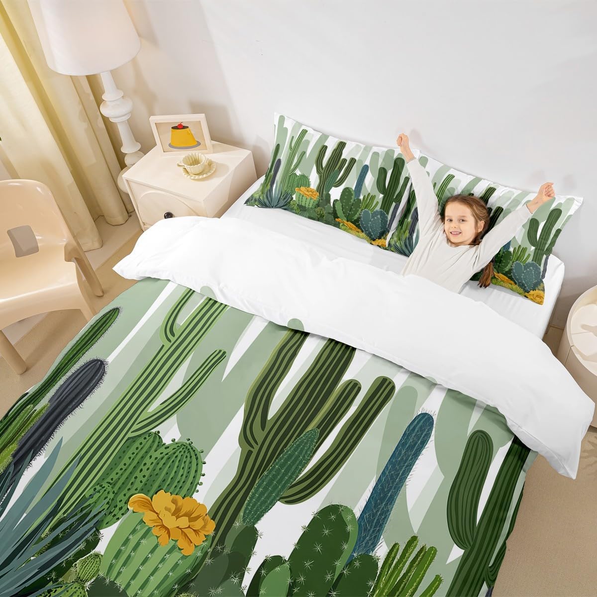 Erosebridal Cactus Duvet Cover Full Prickly Pear Bedding Set Desert Plant Yellow Red Flower Quilt Cover Botanical Green Leaves Garden Style Comforter Cover, Decorative Soft Microfiber