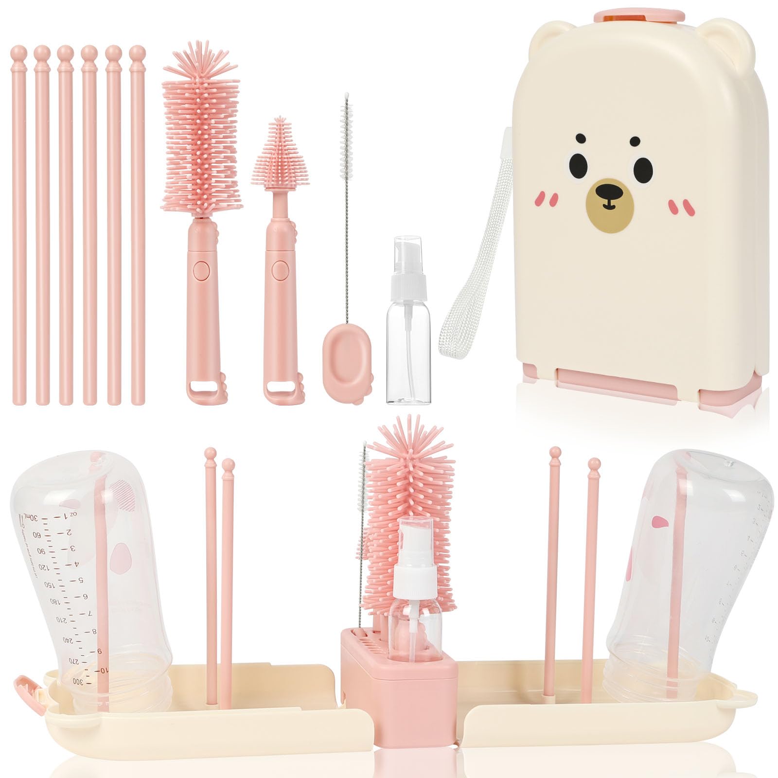 AOOTE Reise Baby Flaschenbürste Set, Flaschenbürste Baby Silikonbürste Babyflasche mit Silikon Babyflaschenbürste, Saugerbürste, Strohbürste, Seifenspender, Aufbewahrungsbox