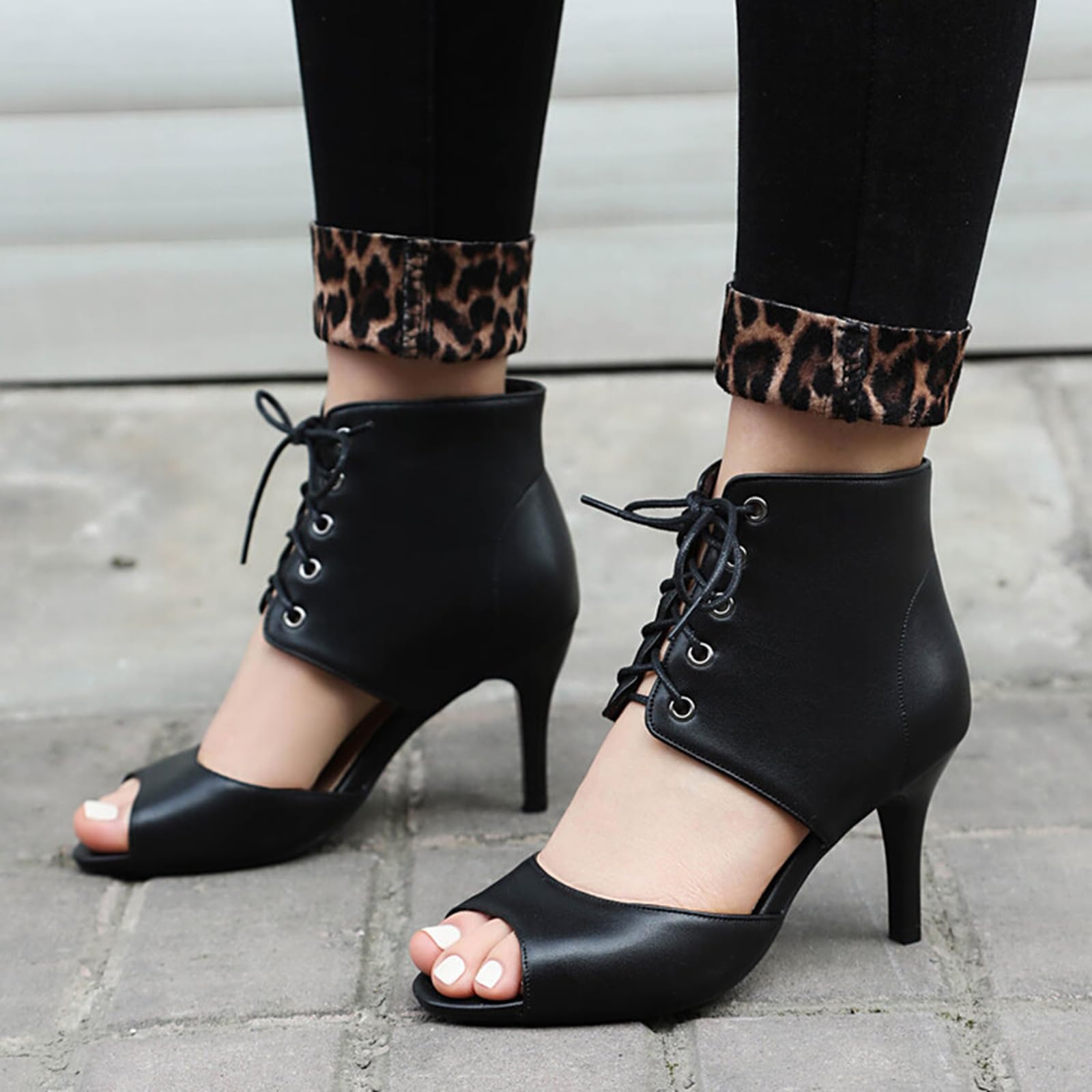 8CM Moda Donna Open Toed Sandali Caviglia Frontale Cinturino Stiletto Tacchi Alti, Nero , 34 EU