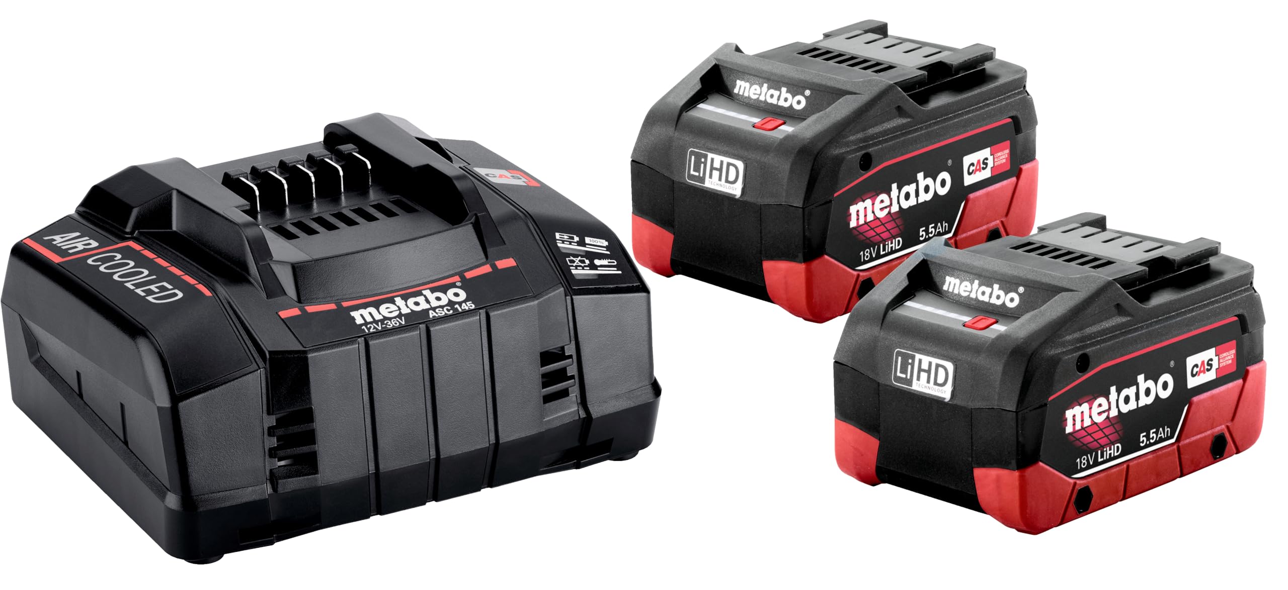 METABO 685122000 Juego Batería de recambio destornillador de batería | Combo System Set para dispositivos con 2 baterías de 5,5 Ah y cargador rápido, apto para 12 hasta 36 V, nevera y máquinas
