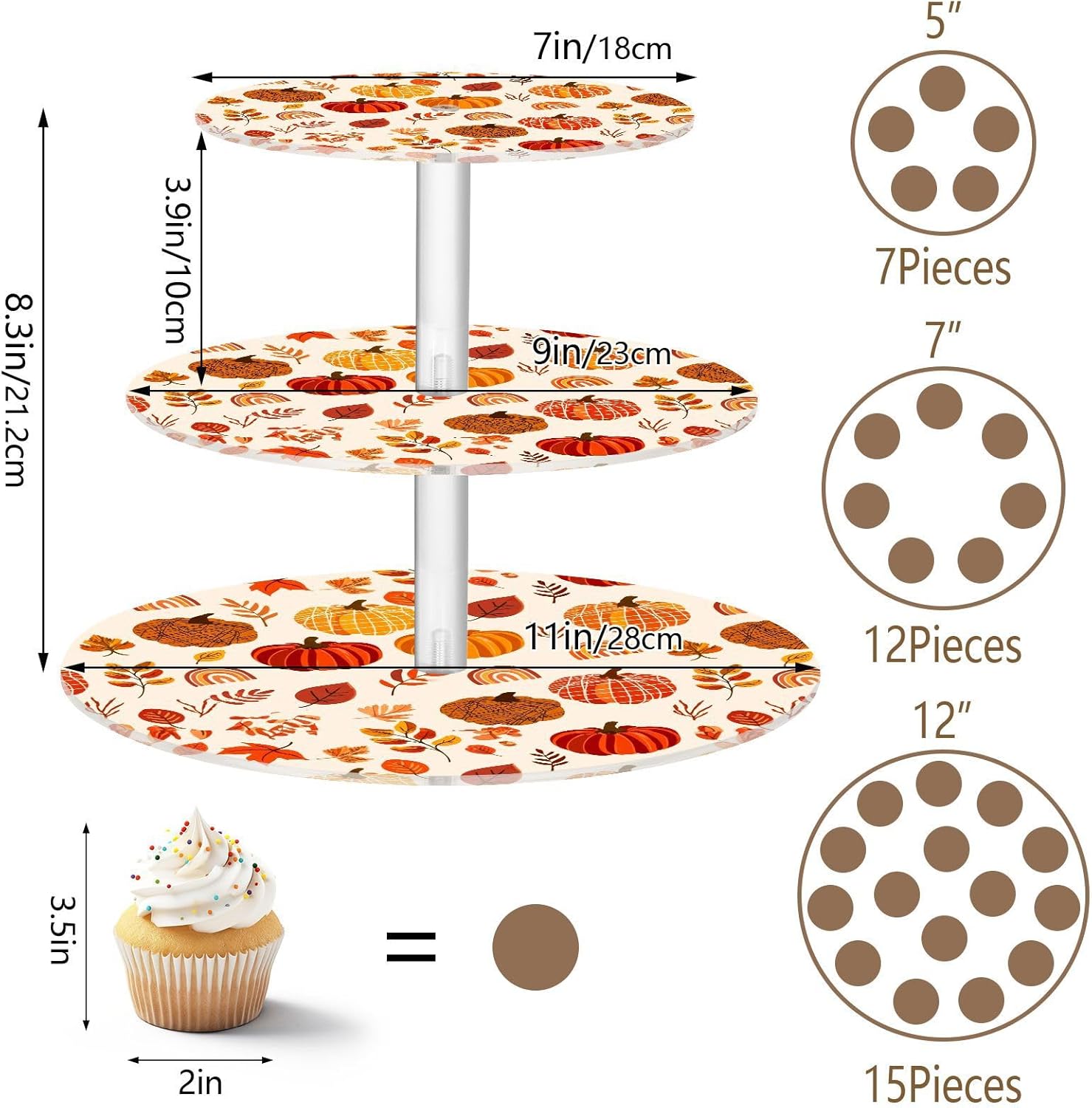 Pumpkin Leaves Maple Wheat Thanksgiving 3 Tier Acrylic Cupcake Stand, Cupcake Stand for 34 Cupcakes for Weddings, Christmas,Holidays,Parties,Birthday,Printed Cupcake Tower 23300447