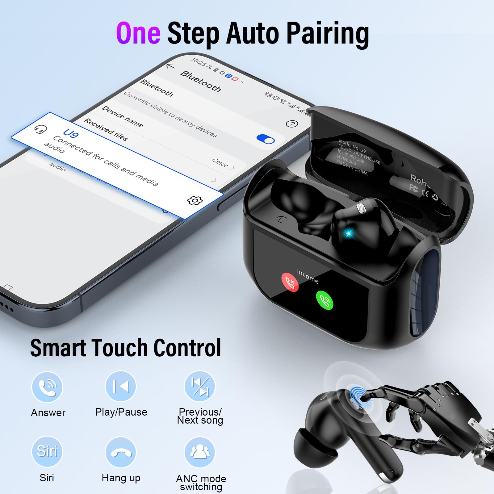2026 Cuffie Bluetooth, 48 Ore Auricolari Bluetooth 5.4 Touch Screen, ANC/ENC Cancellazione Rumore Cuffie Senza Fili, 5 Equalizzatore, Stereo Hi-Fi Cuffie Wireless, IPX7 Impermeabile Cuffiette Nero