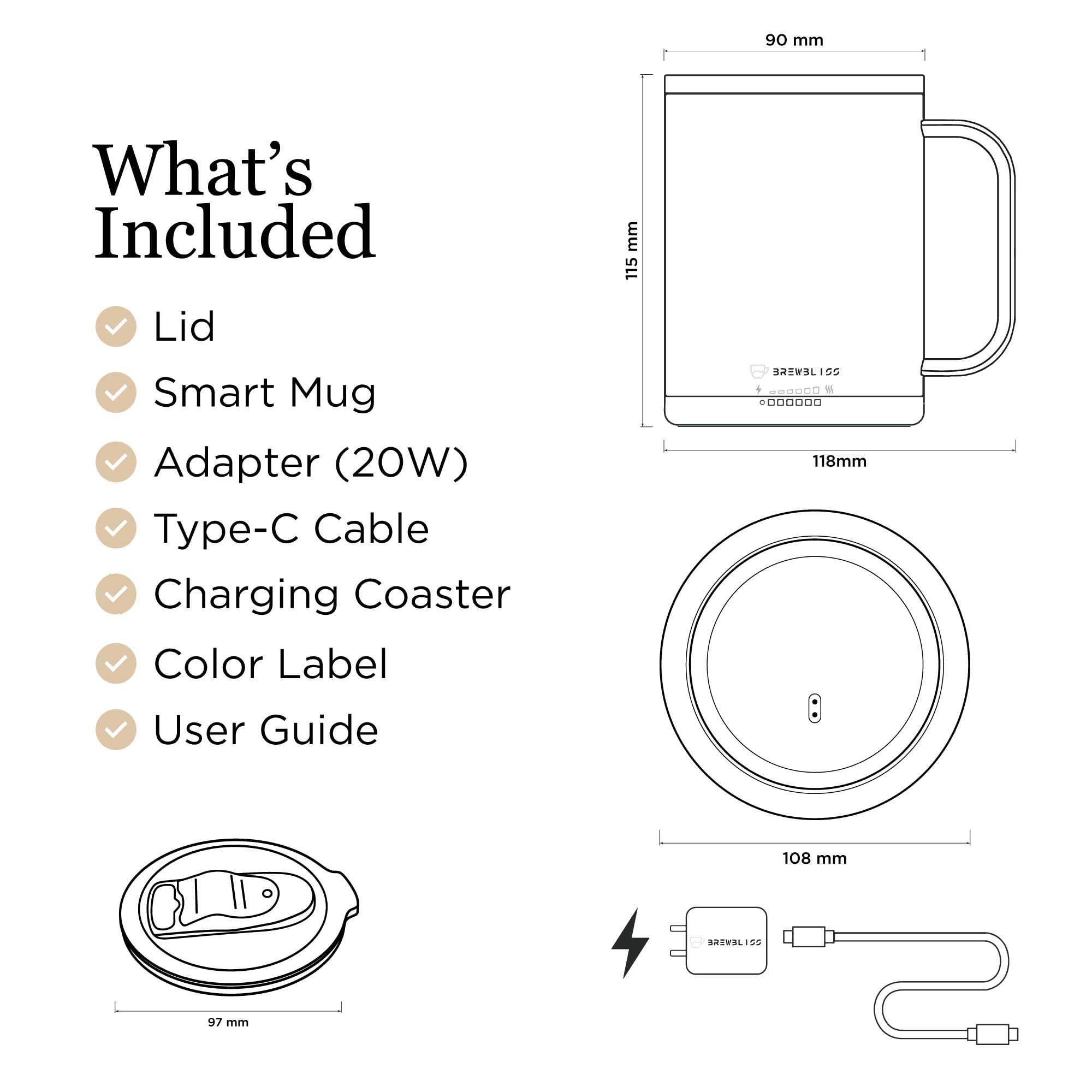 Brewbliss - Taza inteligente de control de temperatura, 14 onzas, taza de café con calefacción automática y controlada por aplicación con duración de la batería de 80 minutos, calentador de taza con 2