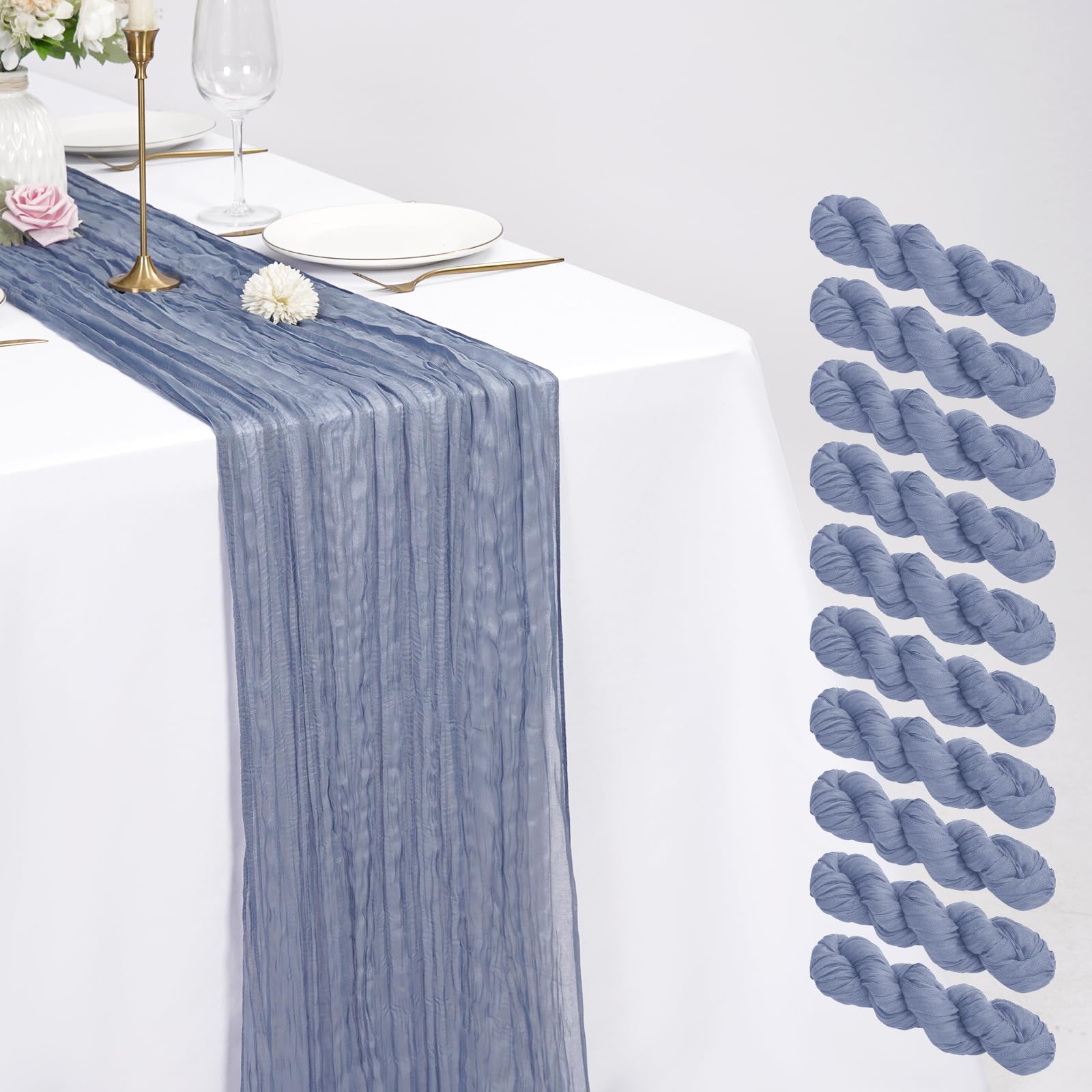 10 Pack Cheesecloth Table Runner Dusty Blue 21 x 120 inch Rustic Boho Gauze Fabric Table Runner Romantic Long Cheesecloth Table Runner for Wedding, Festival, Anniversary, Dinner and Outdoor Events