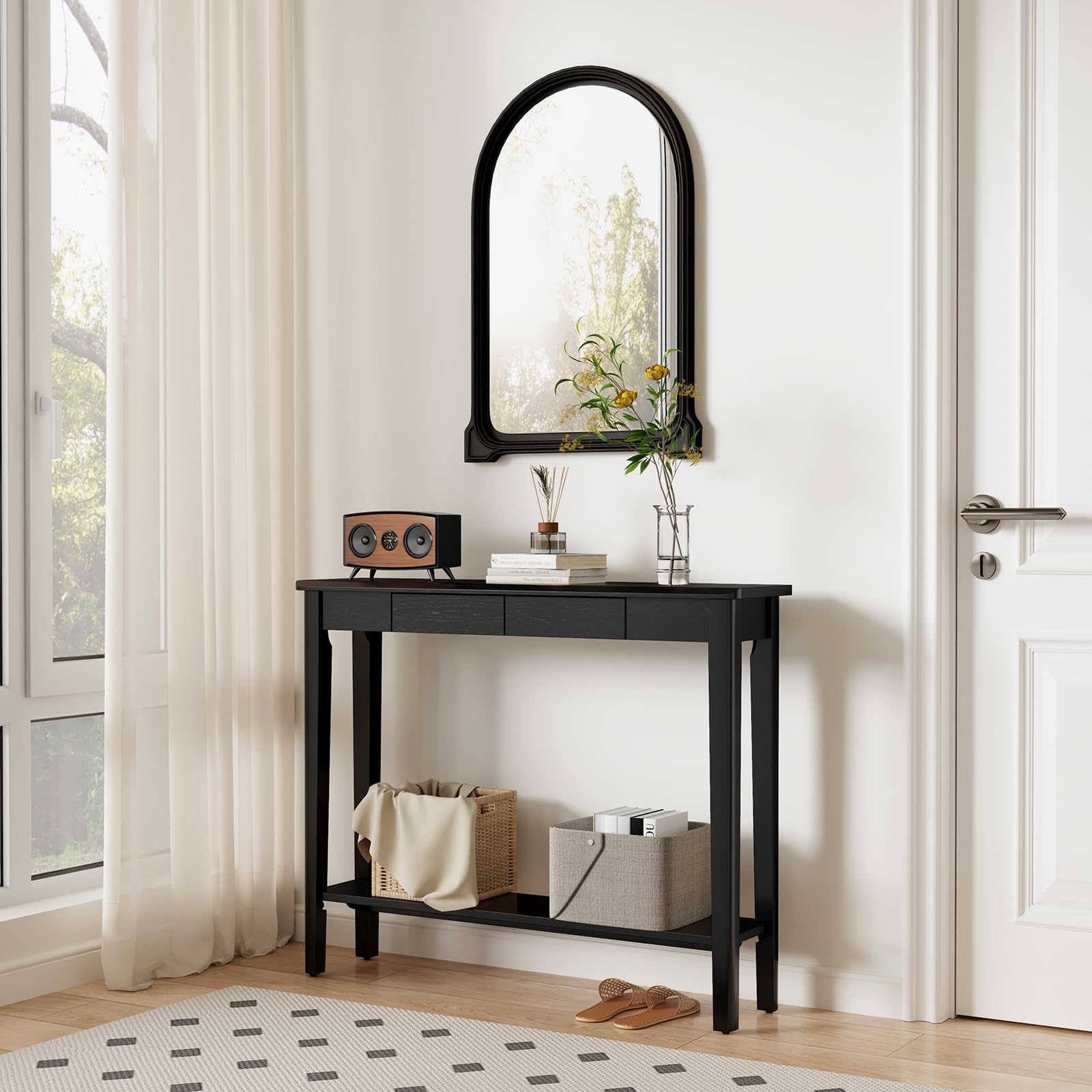 AQIMUELE Console Table, Slim Console Table with Drawers, Hallway Table with Storage, Compact Display Table, Sofa Table for Small Spaces, Entryway, Living Room, Sturdy (Black-100W cm)