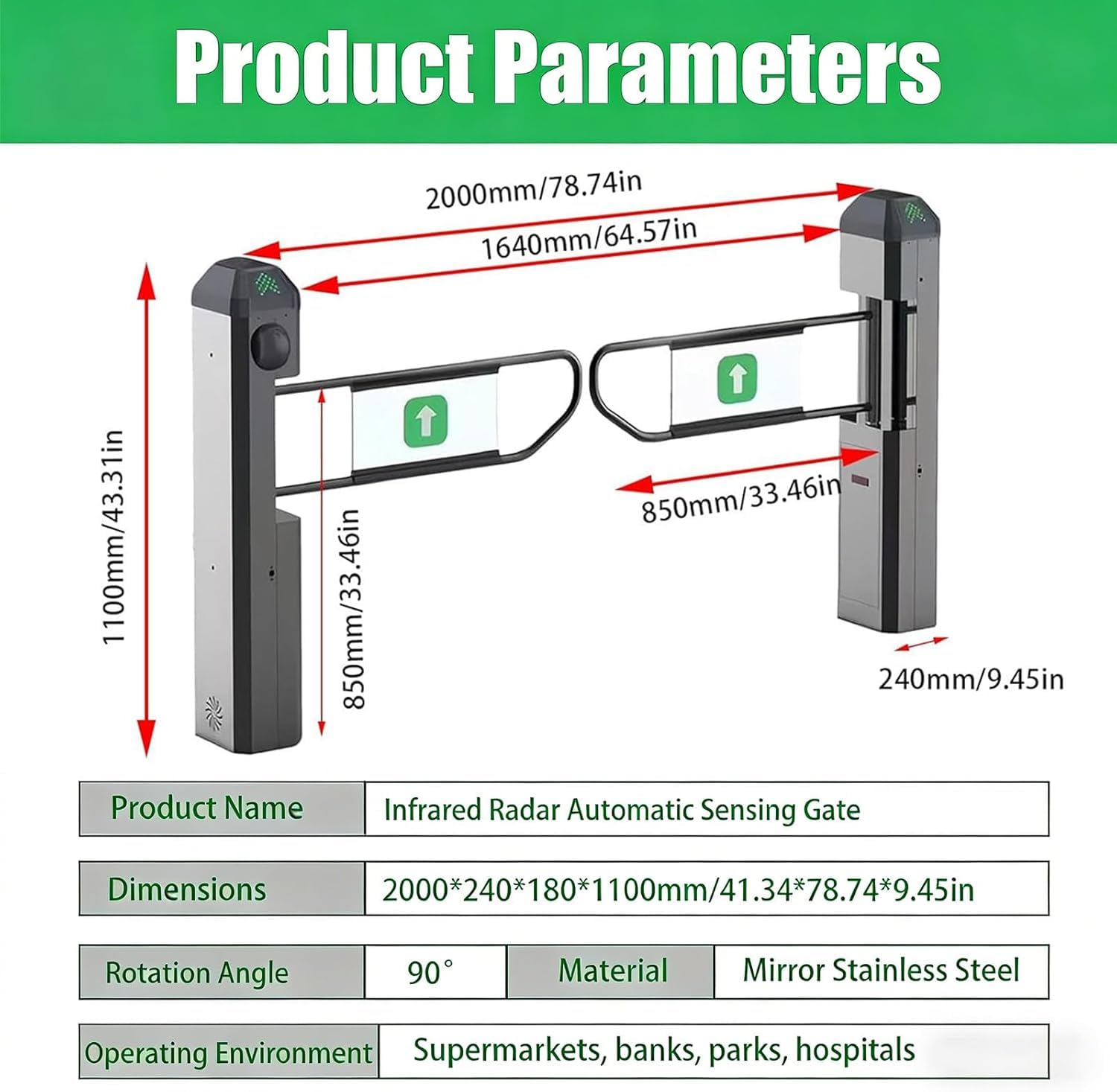 Puerta oscilante automática de radar infrarrojo, torniquete eléctrico de 90° para supermercados, sistema de entrada sin contacto, sensibilidad ajustable con luces de estado de 3 colores y aviso de voz