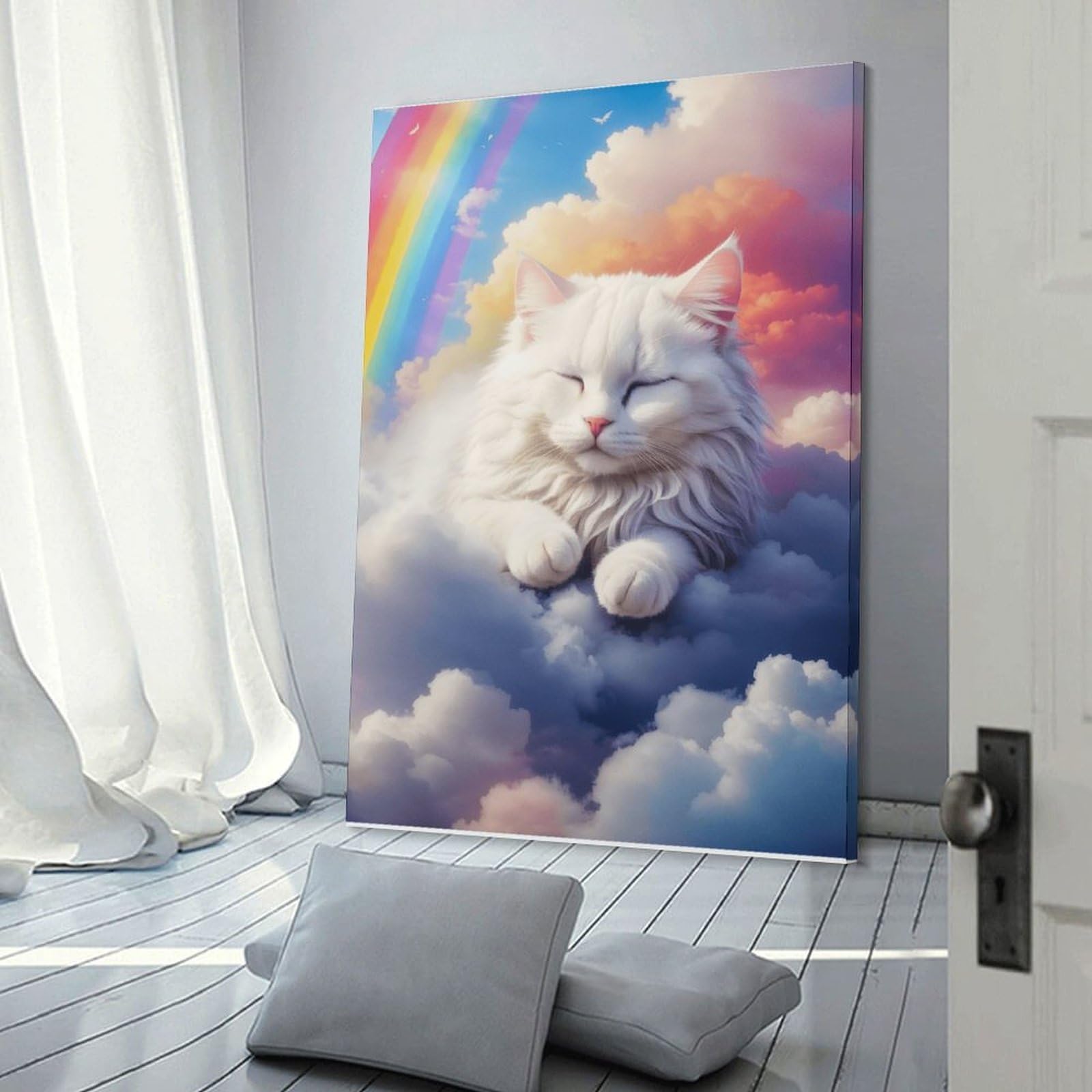 Junmoney Frame-Style-4 Rainbow Cat Clouds Wall Art Canvas Wall Art 08X12inch(20X30cm), For Office Decor, Home Working Or Creative Rooms, Wall Art That Adds Style To Work Areas
