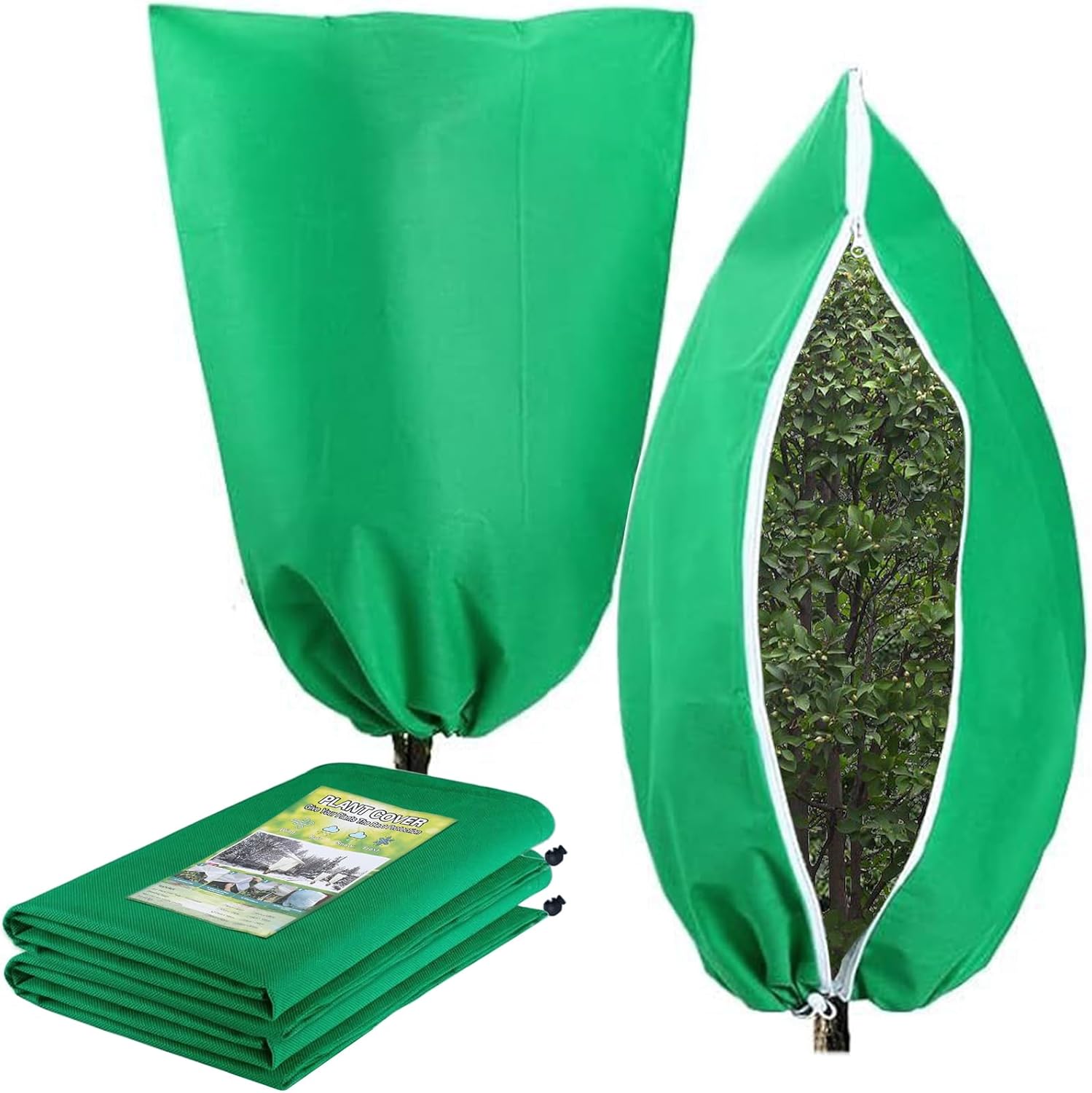 Plant Covers Freeze Protection, 2 Pack 47.3”×71” Frost Cloth with Zipper Drawstring, Shrub Covers for Winter, Tree Covers Freeze Protection, Frost Blankets for Outdoor Plants Tree Potted, Green