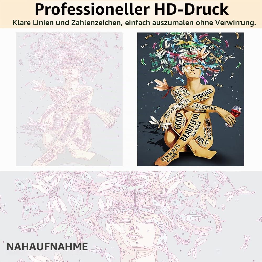 Malen nach Zahlen für Erwachsene Anfänger Motivierende Sprache Frau Libelle Malen nach Zahlen Kunstwerk Malen nach Zahlen Kits Bunte Leinwand Ölmalerei nach Zahlen Home Wall Decor 16x20inchGerahmt