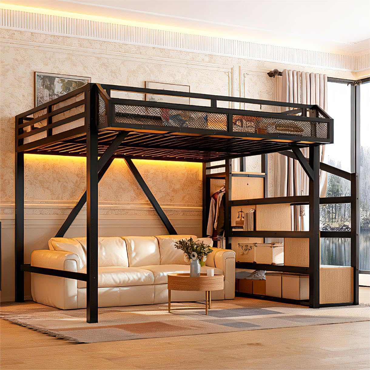 Bellemave Queen Loft Bed with Storage Stairs, Wardrobe, USB Ports & RGB LED - Metal Frame for Adults, Teens, Kids, Black