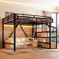 Bellemave Queen Loft Bed with Storage Stairs, Wardrobe, USB Ports & RGB LED - Metal Frame for Adults, Teens, Kids, Black