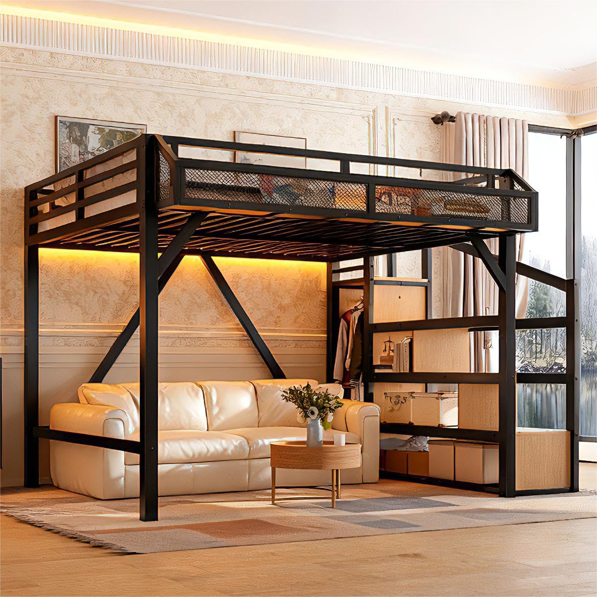 Photo 1 of 2 BOX SET Bellemave Queen Loft Bed Frame with Storage Stairs, Beside Shelf & Wardrobe, Metal Queen Size Loft Bed with USB Ports&LED Light, Large Under-Bed Space Loft Beds for Adults,Teens, Kids, Black Natural