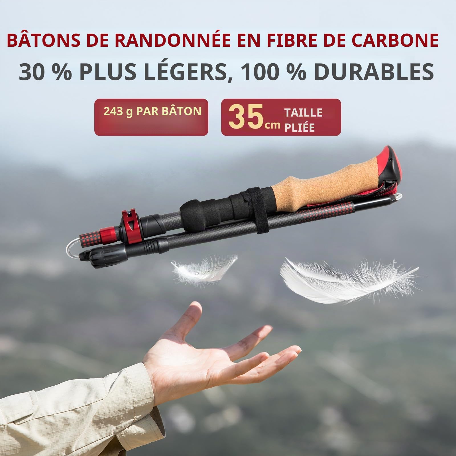 BISINNA Bâtons de randonnée Pliables Carbone 234g | Ultra-léger dès 234g, pointes carbure, accessoires inclus. Pour homme/femme, marche nordique, randonnée alpine.