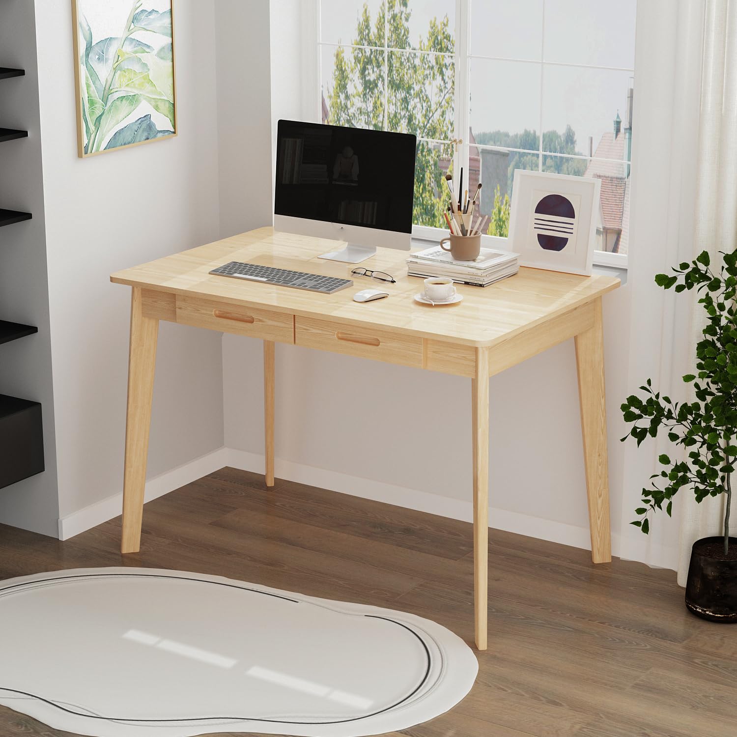 FUFU&GAGA 39” Office Desk, Rectangular Computer Desk with 2 Drawers, Writing Table for Reading Crafting, Home Office Study Room, Oak, 39.4”W x 21.7”D