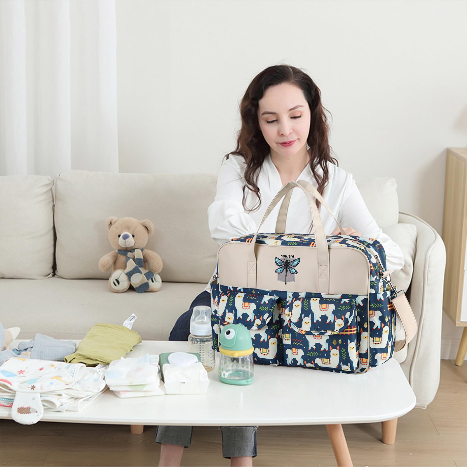 SONARIN Lightweight Large Capacity Baby Nappy Changing Tote Bag,Waterproof Baby Changing Bag Satchel Messenger Bag Travel Diaper Bag with Shoulder Strap & Changing Mat(Blue Alpaca) - Image 2