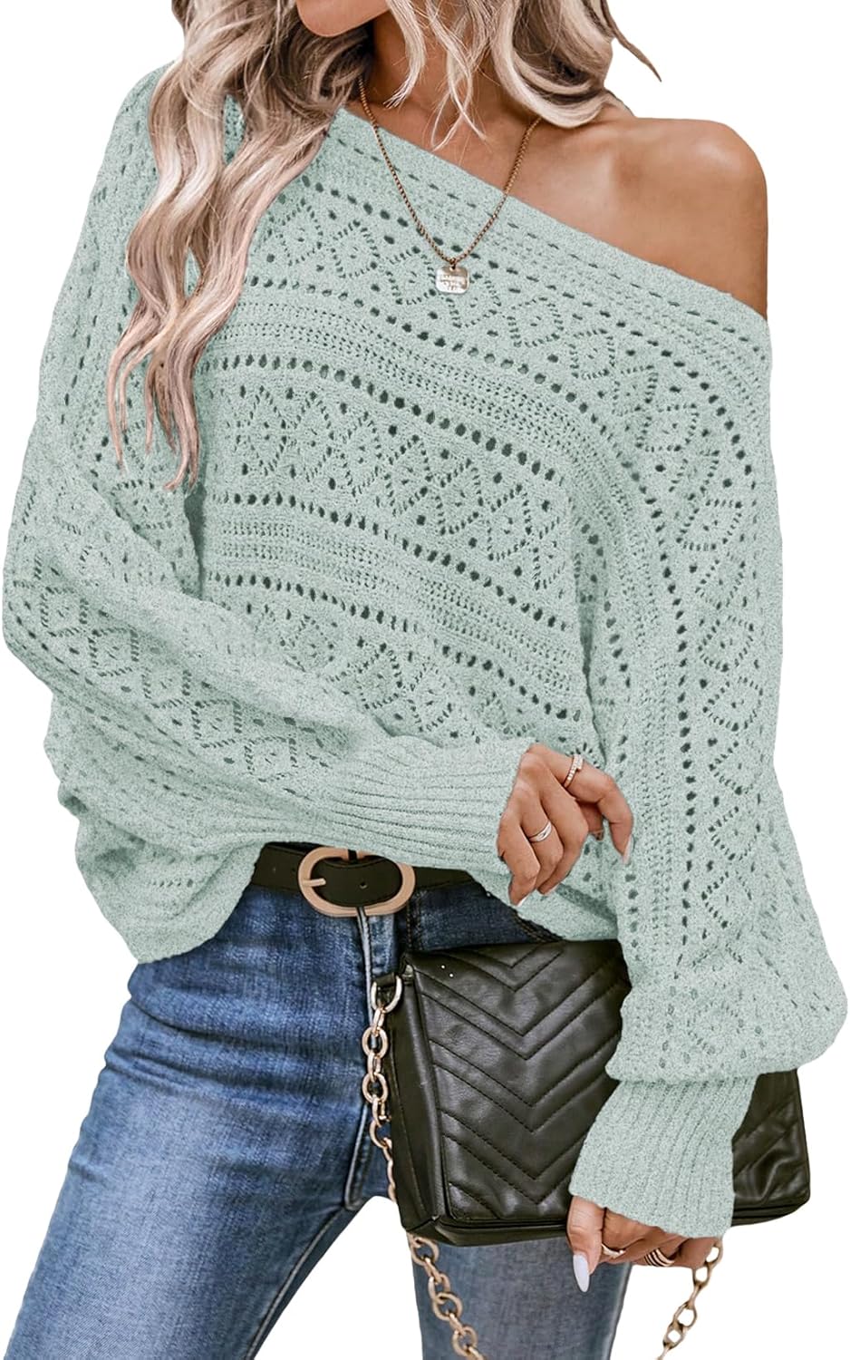 EVALESS Women's Crochet Boat Neck Long Sleeve Loose Fit Sweaters Fall Winter Clothes for Women Fashion 2025